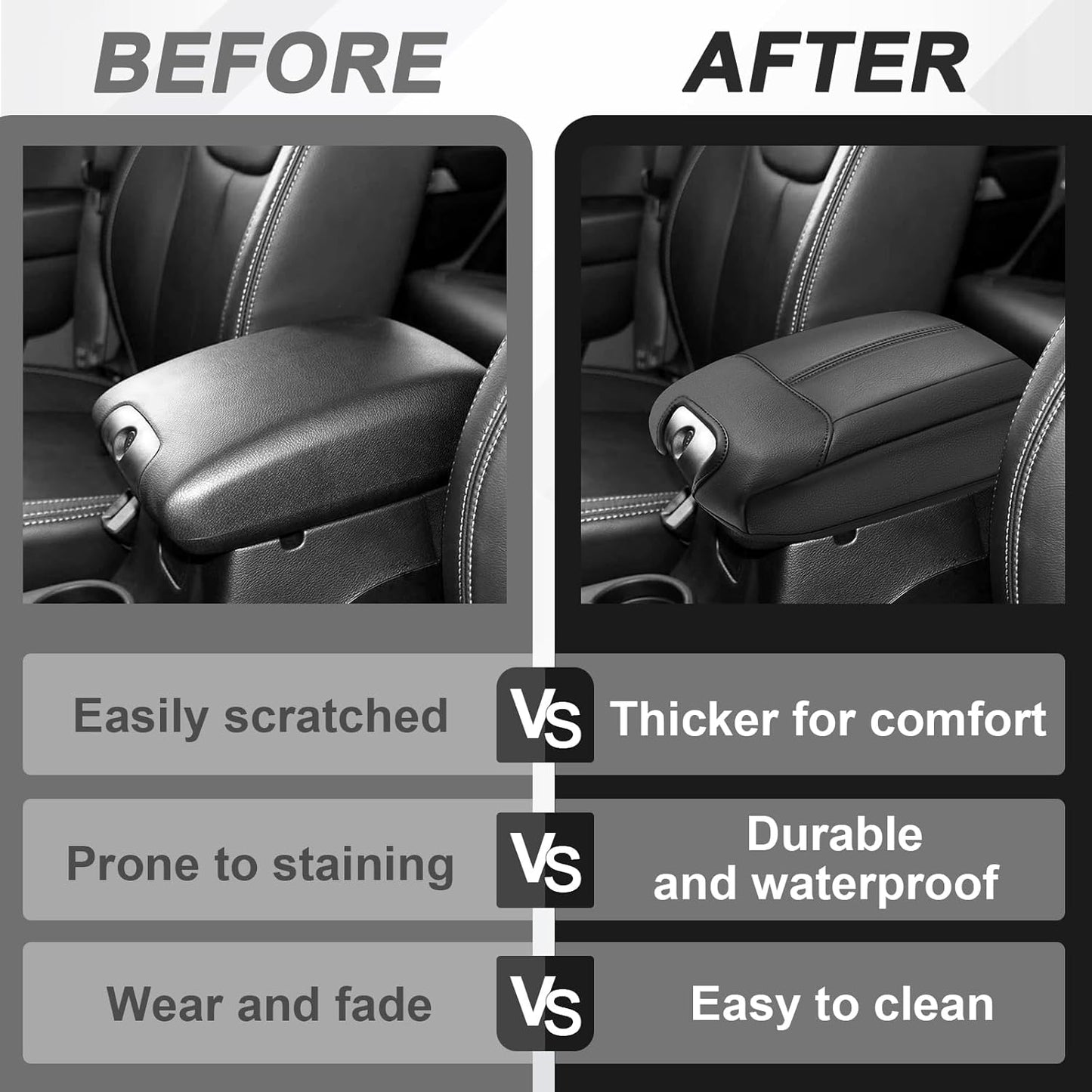 Muslogy Center Console Armrest Cover Compatible with Jeep Wrangler JK JKU 2011-2017 Comfort Armrest Pad Arm Rest Cushion Vegan Leather Protector Black Regular Thick