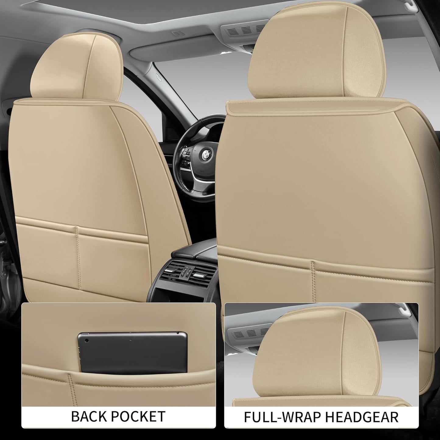 Car Seat Covers Front Only, Black Seat Cover for Cars Compatible Airbag, Easy Install Luxury Leather Automotive Seat Covers with Lumbar Support, for Car, Truck, SUV, Beige