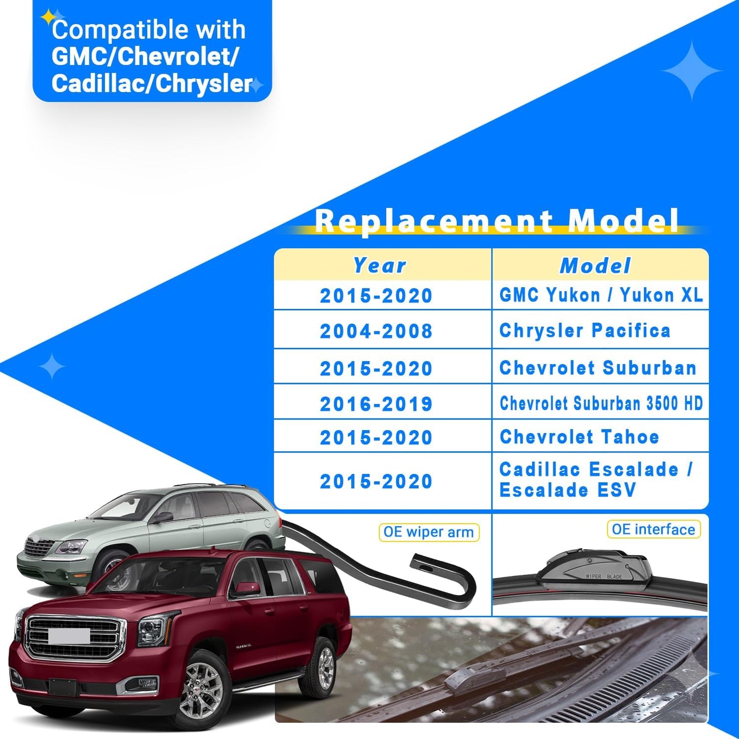 Windshield Wiper Blades Replacement for 2004-2008 Chrysler Pacifica / 2015-2020 GMC Yukon Chevrolet Suburban Tahoe Cadillac Escalade Front Rear Wipers Blade Set - 22" 22" 13"