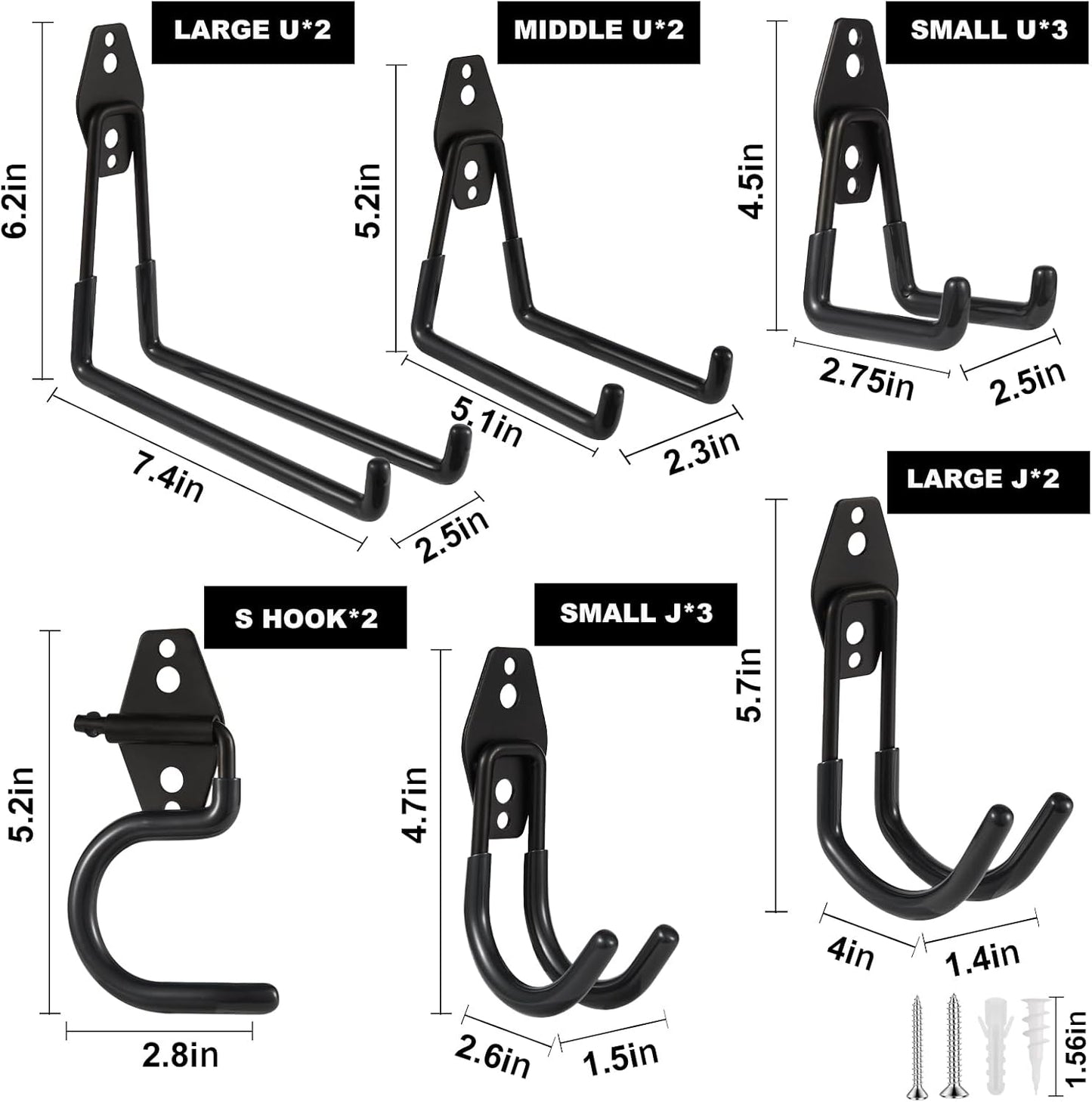 Steel Garage Hooks Wall Tool Organizer, 14 Pack Garage Storage Hook Heavy Duty Utility Storage Hangers Black for Ladders, Ropes, Garden Tools