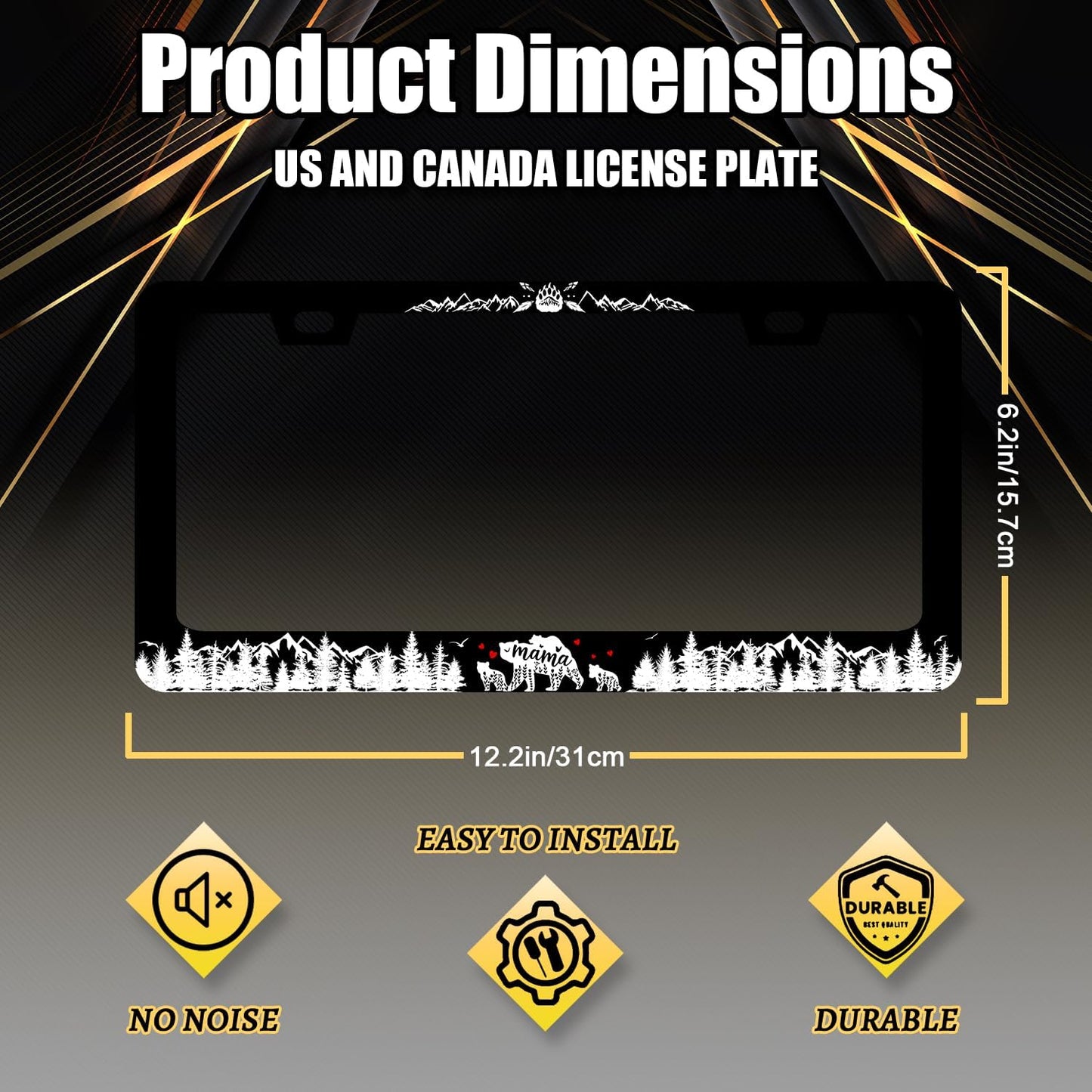 Mama Bear with Mountain License Plate Frame Forest Mountains License Plate Stainless Steel Funny Black Accessories Cars Decor 12.2 X 6.2 Inch with 2 Holes and Screws Fits Standard Us Ca Vehicles