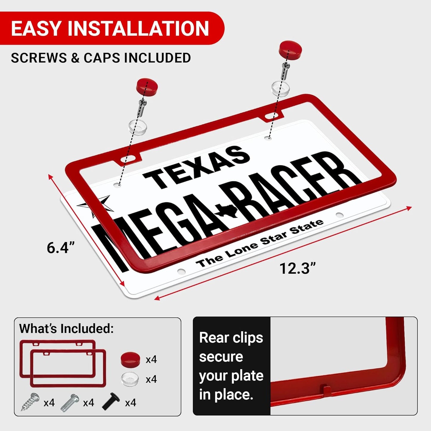 Premium Slim Red License Plate Frames – 2 Pack, Rust-Free Stainless Steel, Street Legal & Rattle-Free, Universal Fit with Screw Covers, Sleek Thin Metal Front & Rear Car Tag Holders for Men & Women