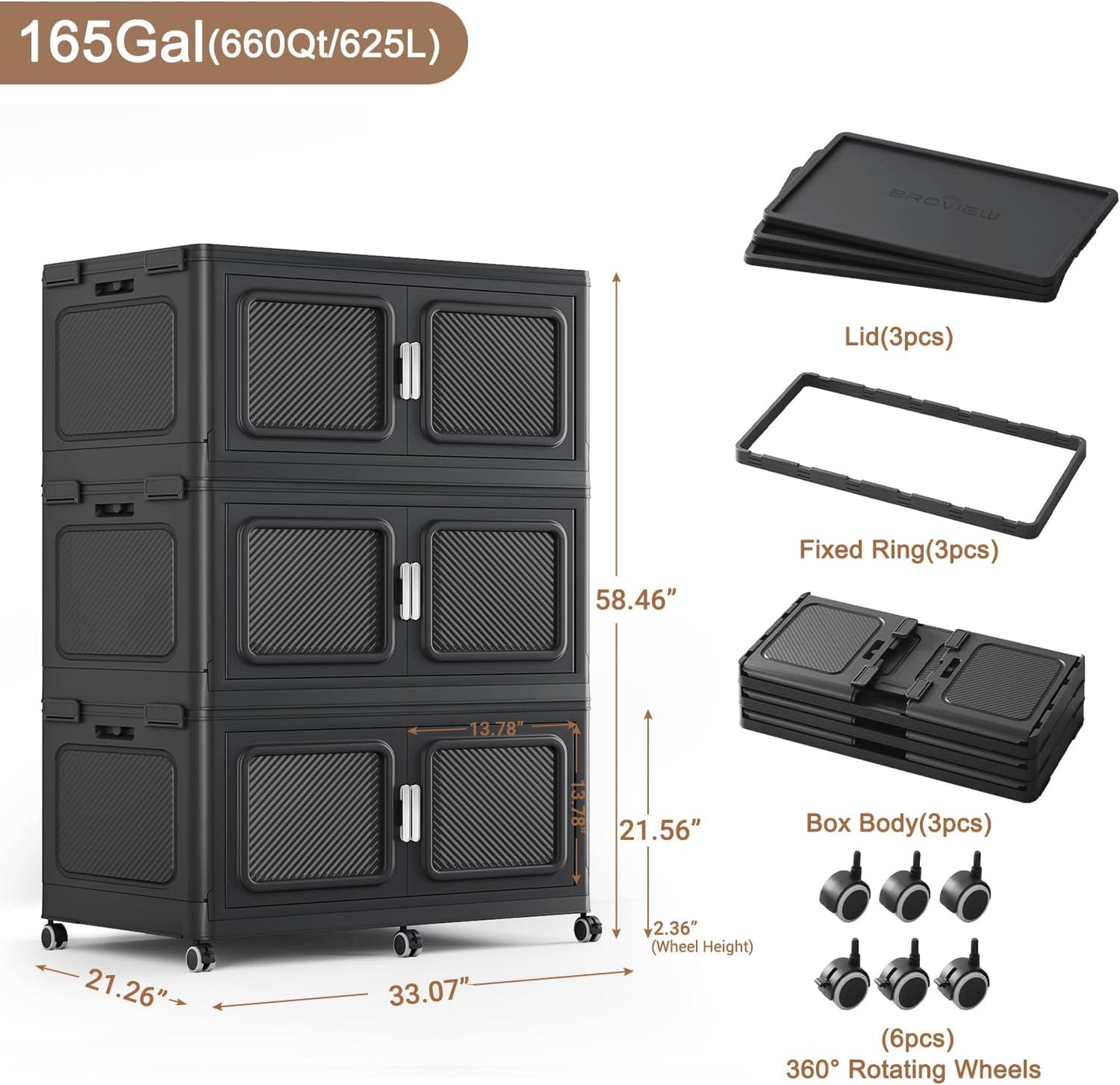 660 Qt Stackable Storage Bin with Lids, 165Gal Extra Large Collapsible Storage Boxes, Folding Plastic Drawer, Heavy-Duty Store Cabinet, Closet Organizer for Home Kitchen, 3 Pack Black