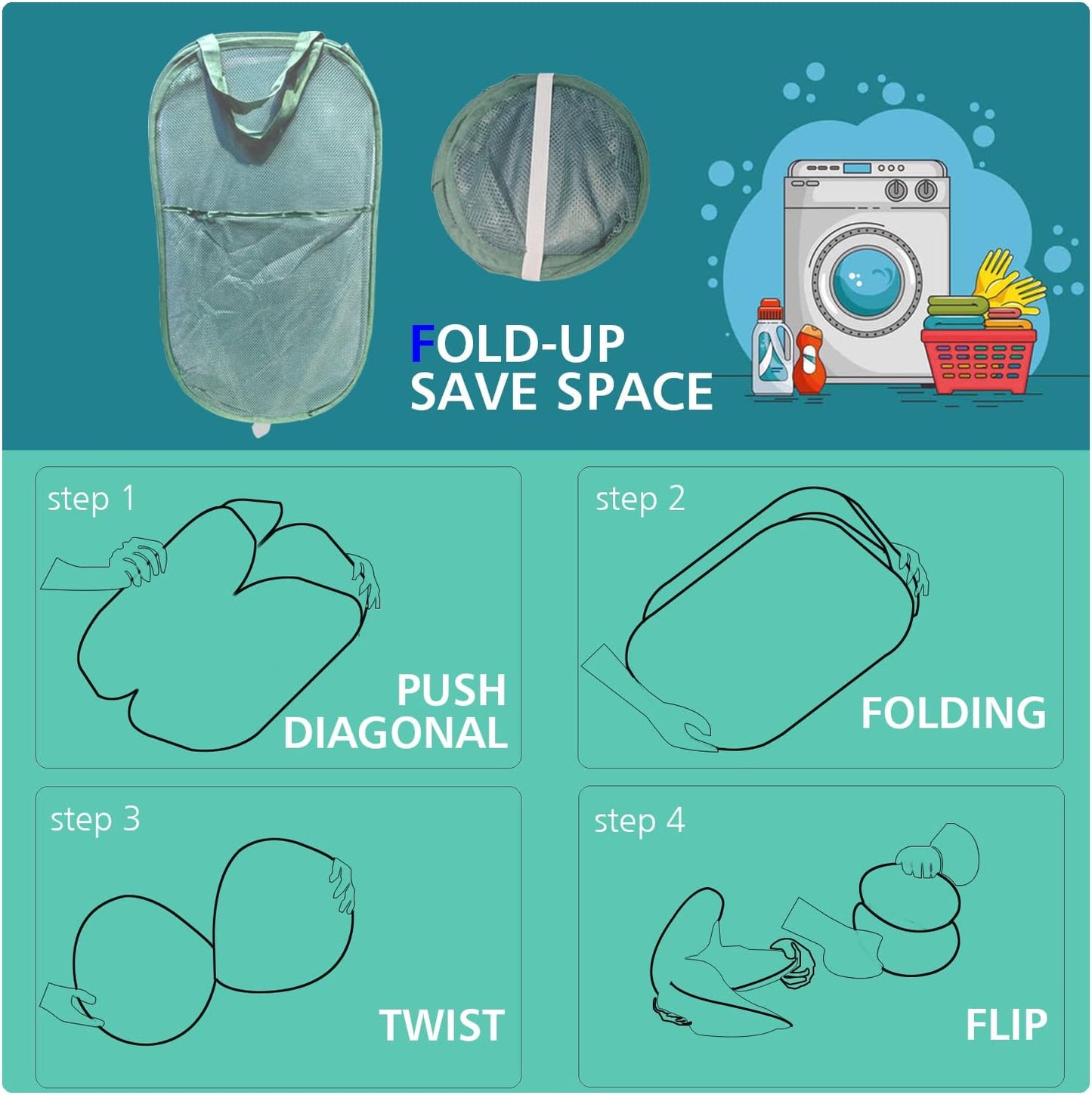 HONOMA Sturdy Mesh Laundry Hamper Basket Bag,Pop up Basket with Side Pocket for Laundry Room, Bathroom, Kids Room, College Dorm or Travel (Pop Vertical, Grey)