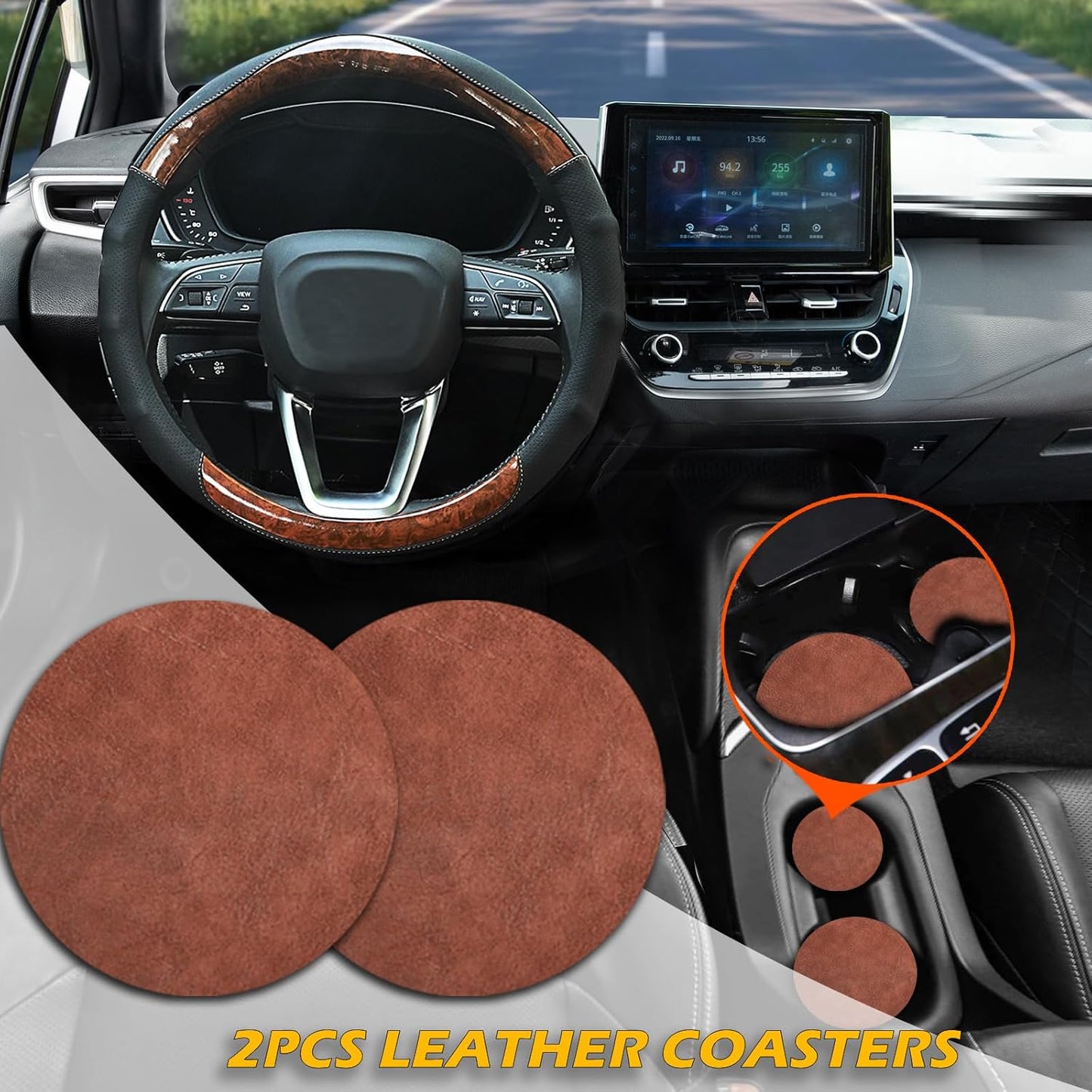 Wood Grain Steering Wheel Cover Car Steering Wheel Covers 14.5-15 inch with Coasters Microfiber Leather Splicing Breathable Anti-Slip Durable Universal Auto Steering Wheel Protective
