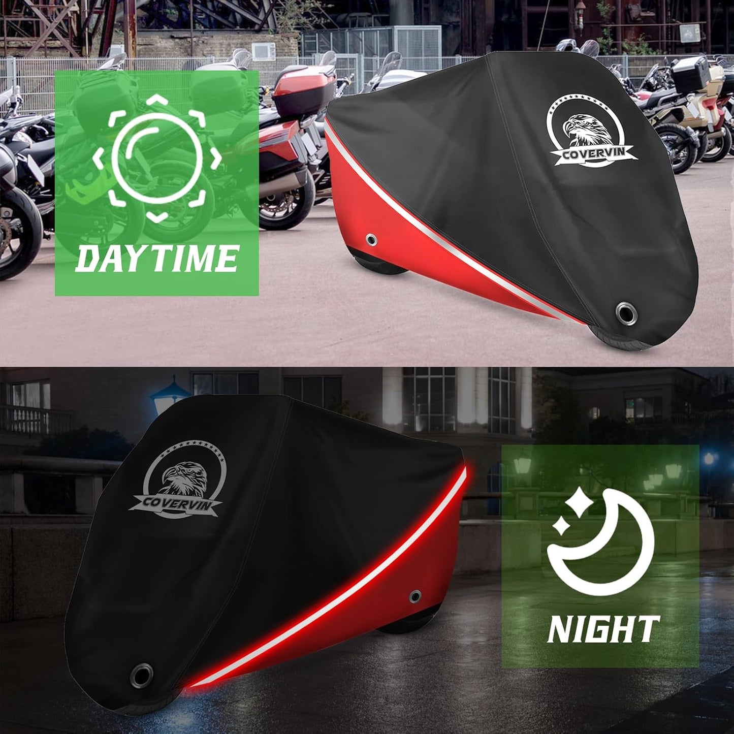 COVERVIN Motorcycle Cover, All Weather Outdoor Waterproof Night Protection with Reflective Strips, Locking Holes and Storage Bag for 116 Inch Suzuki, Kawasaki, Honda, Harley-Davidson(Red XXXL)