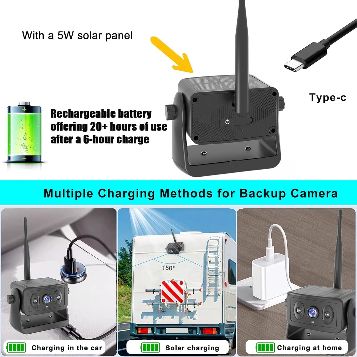 Wireless Backup Camera for RV/Truck/Camper/Trailer - Solar-Powered Strong Magnetic Mount, No Wiring/Drilling, HD Night Vision, Waterproof, Low Power - Works with iPhone & Android (Easy Installation)