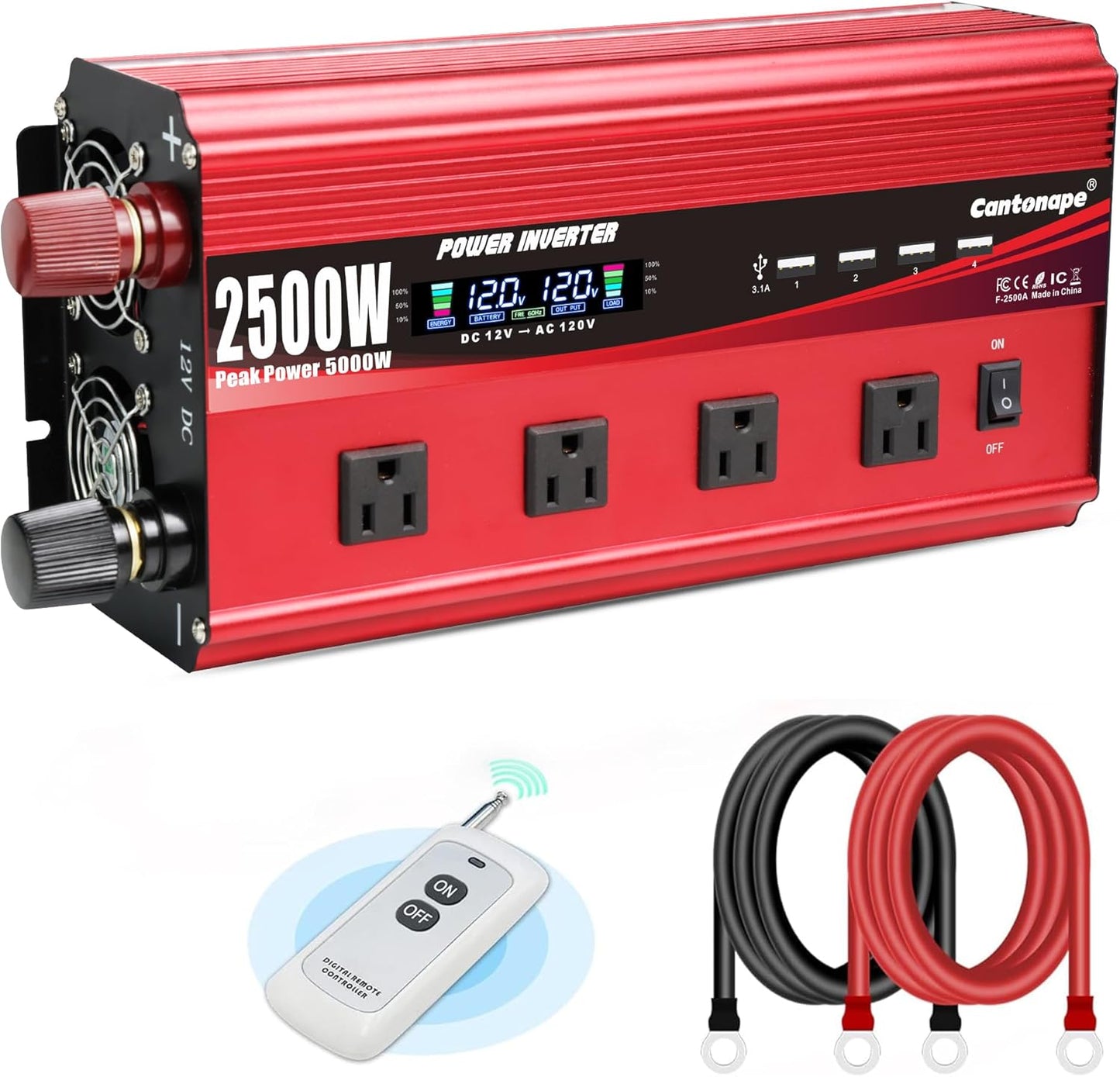 2500W Power Inverter 12V to 110V/120V DC to AC with LCD Display, Remote Controller 4 x AC Outlets and 4 x 3.1A USB Car Adapter for Car Truck Boat RV Solar System