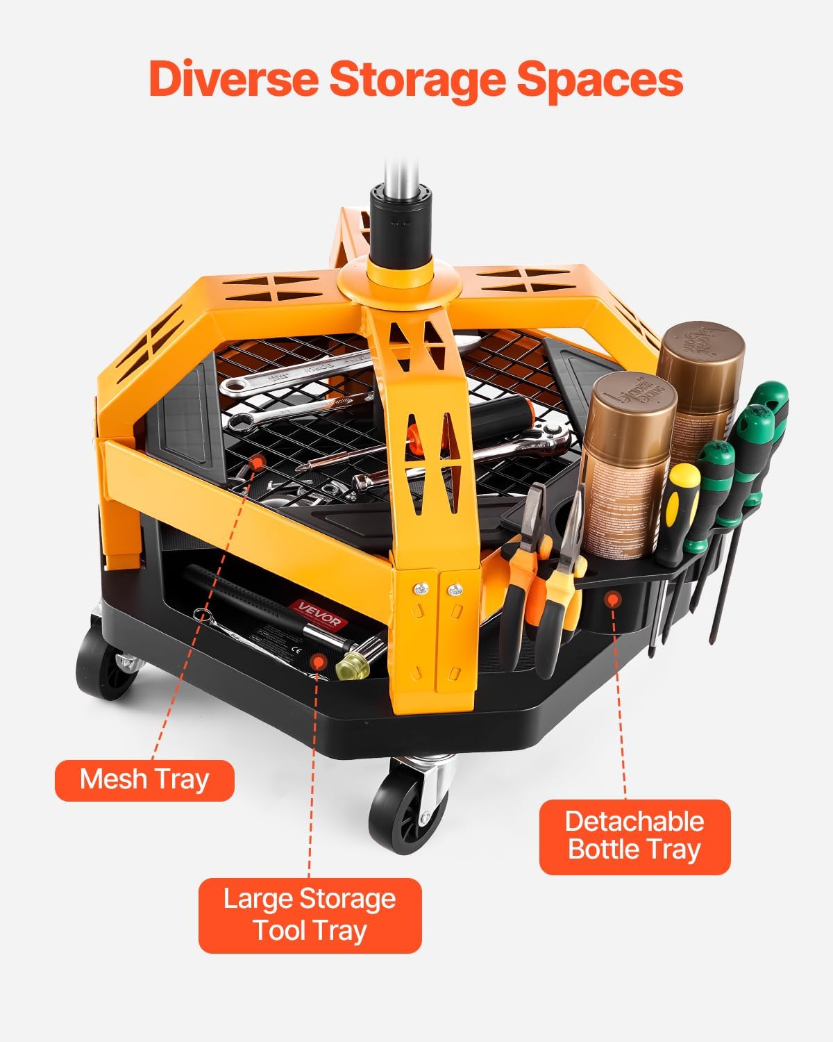 VEVOR Garage Stool, Rolling Mechanic Stool with Dual Storage Trays, Pneumatic Height 23.6–29.5 in, Soft Waterproof Cushion, 360° Swivel Casters for Garage, Shop & Auto Repair