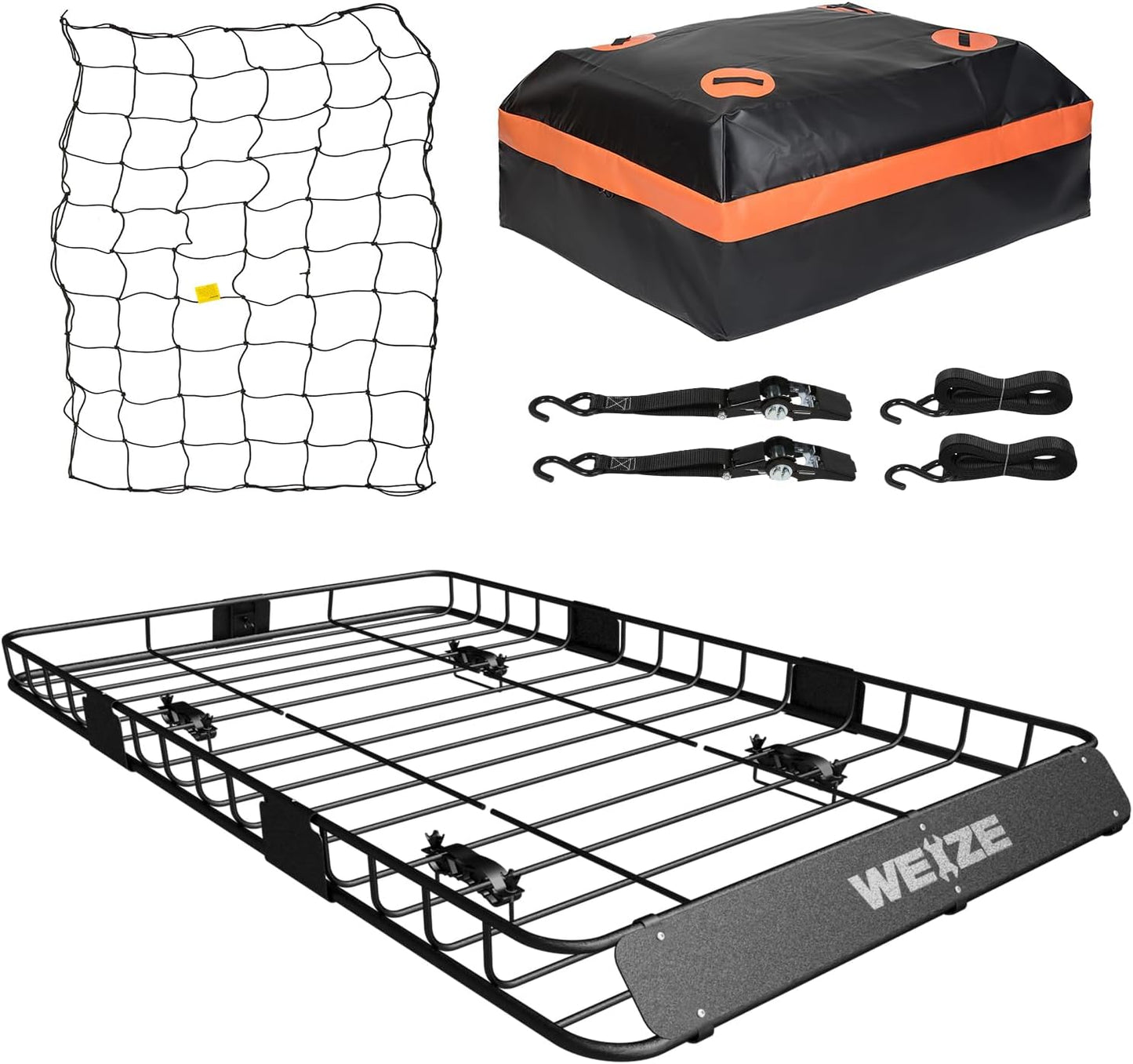 WEIZE 54" x 34" Heavy Duty Roof Rack, Rooftop Cargo Carrier Basket with Waterproof Bag, Tie Down Strap, Net, Rack Extension and Car Top Luggage Holder for SUV, 200lb Capacity, Steel Construction