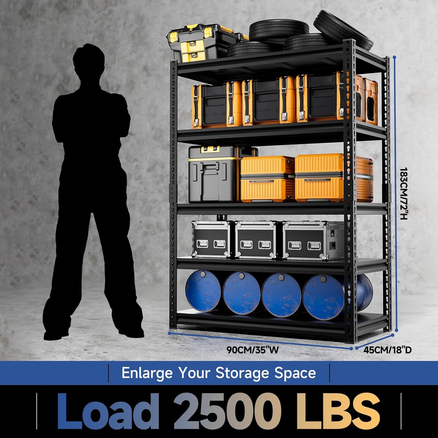 5-Tier 35" W X 18" D X 72" H Garage Shelving 2500LBS Heavy Duty Shelving Adjustable Garage Storage Shelves Metal Shelving Unit Storage Shelf Industrial Basement Storage Racks Utility Shelf