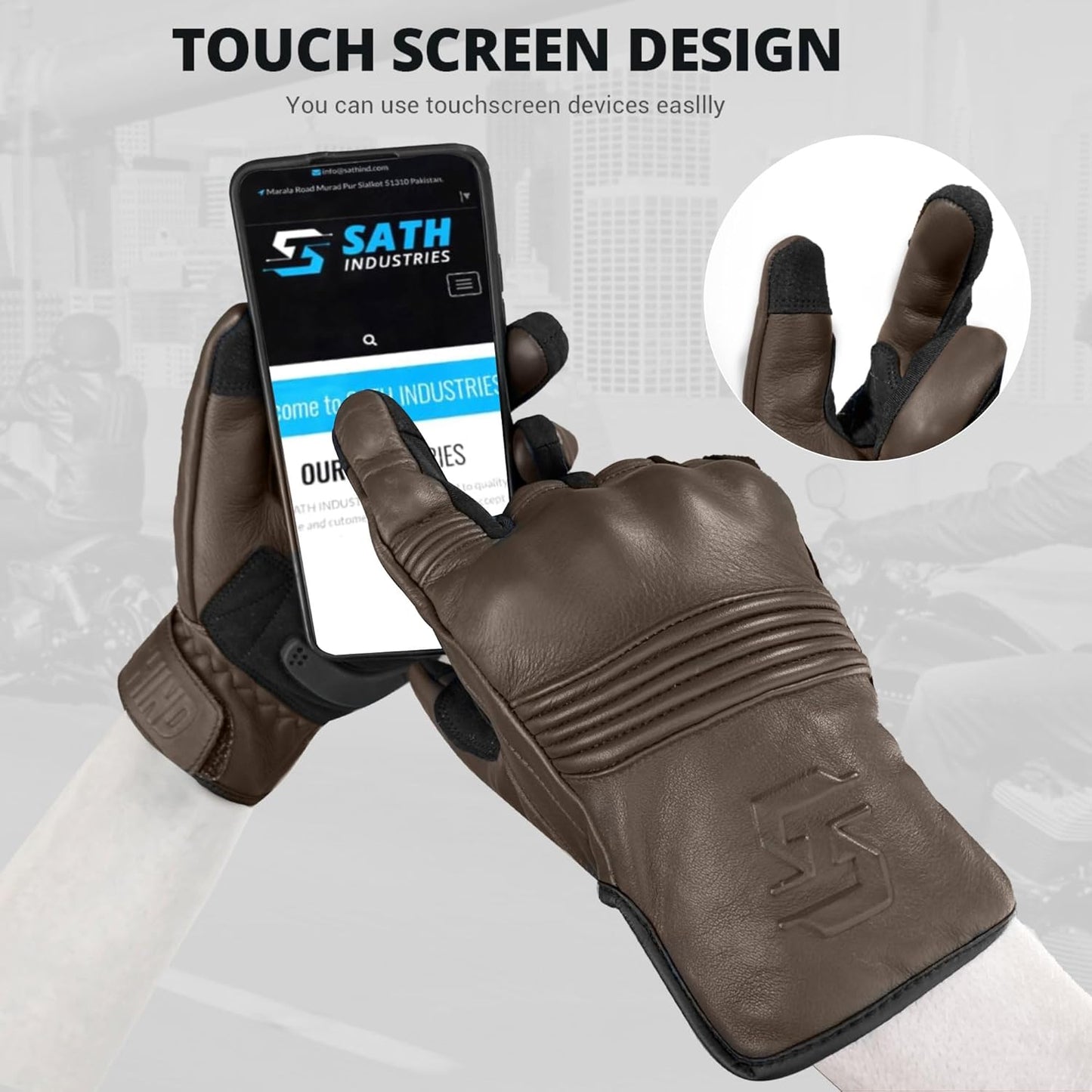Leather Motorcycle Gloves for Men and Women | Touchscreen | Full Finger | Goatskin Leather Hard Knuckle Motorcycle Riding Gloves (Classic Brown, Large)