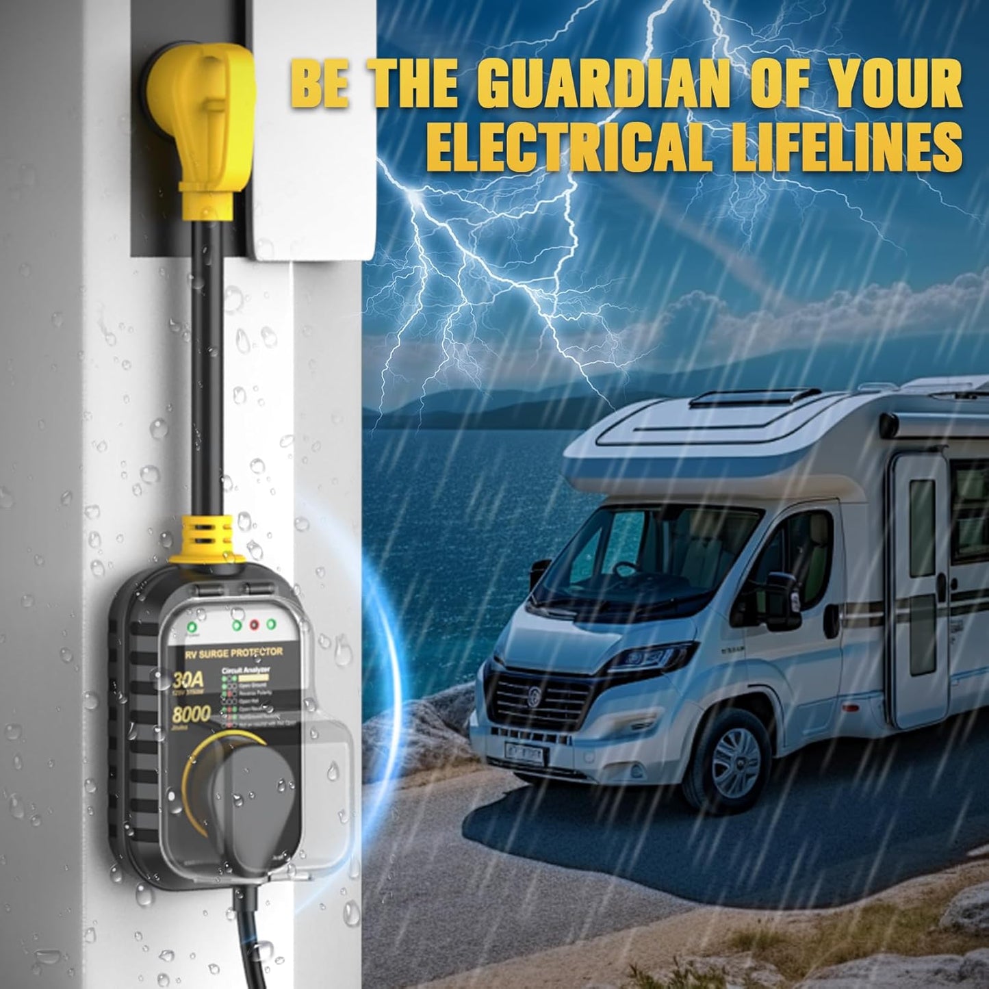 GEARGO RV Surge Protectors 30 Amp RV Circuit Analyzer, [2025 New Upgraded], IP68 Surge Voltage Protection, RV Adapter Plug for Camper(Yellow)