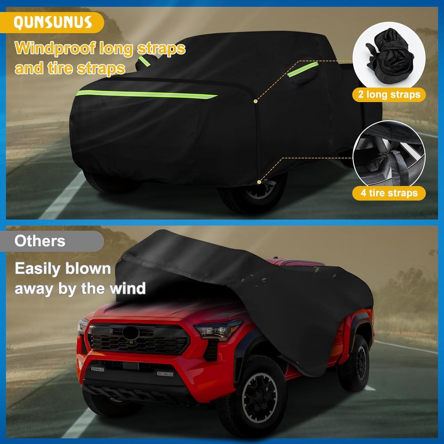 QUNSUNUS Car Cover for Toyota Tacoma 2005-2024, Waterproof Truck Cover with Zipper, All Weather Full Exterior Cover with Straps and Elastic for Wind, Sun, UV and Dust Protection