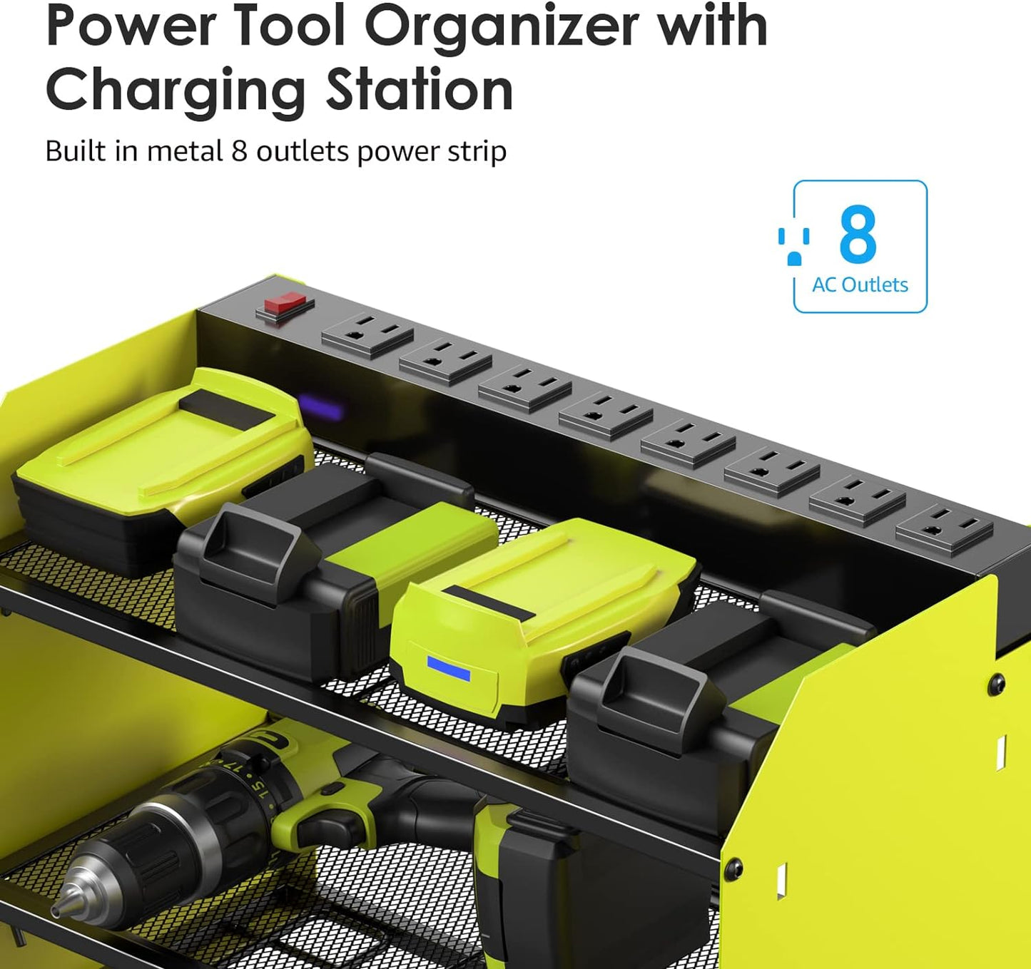CCCEI Modular Power Tool Organizer Wall Mount with Charging Station. Garage 4 Drill Storage Shelf with Hooks, Screwdriver, Drill Bit Heavy Duty Rack, Tool Battery Holder Built in 8 Outlet Power Strip.
