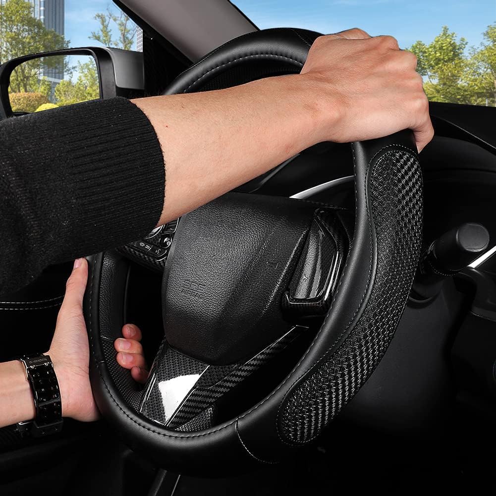 Leather Car Steering Wheel Cover 15 inch Universal Fit Microfiber Steering Wheel Cover Anti-Slip, Soft, Breathable, Full Surround Car Wheel Cover