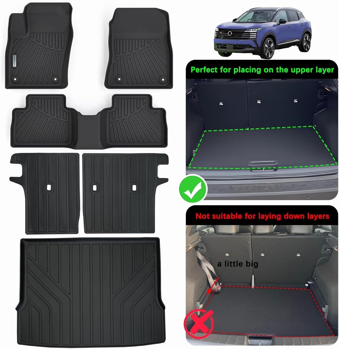 SANBAN Floor Mats & Trunk Mat & Backrest Mat for 2025 Nissan Kicks TPE All Weather Protection 2 Rows Car Floor Liners & Cargo Liners with Velcro Rear Seats Backrest (Only Suitable Upper Layer)