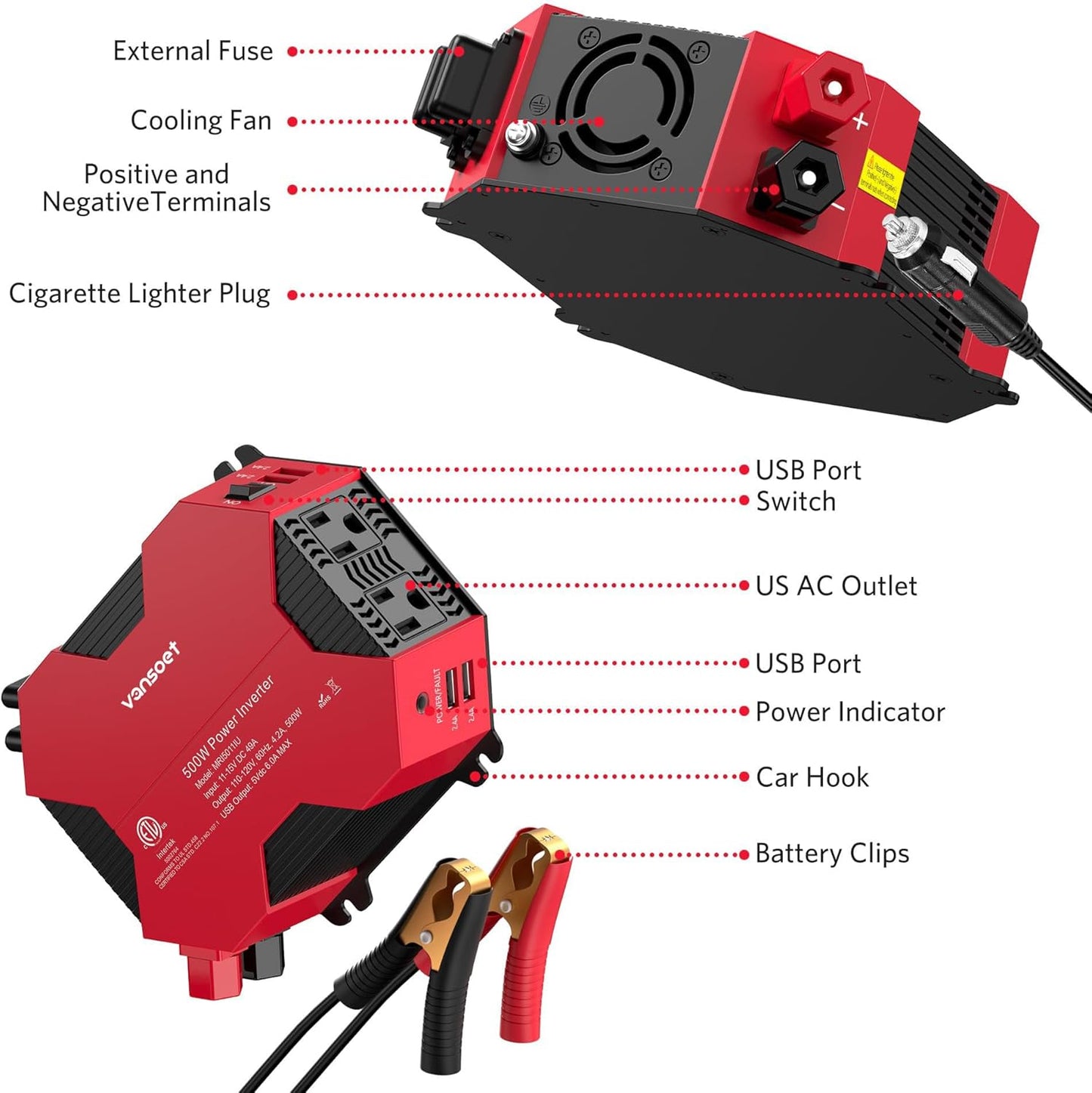 500 Watt Car Power Inverter DC 12V to AC 110V Car Plug Inverter Adapter Power Converter with 4 USB Charging Ports and 2 AC Outlets Car Charger