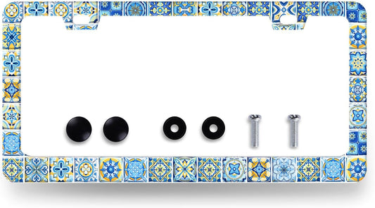 Blue White Mexican Tiles License Plate Frame Boho License Plate Holder Stainless Steel Colorful Car Accessories Decoration 6.3"X12.3" with 2 Holes Screws