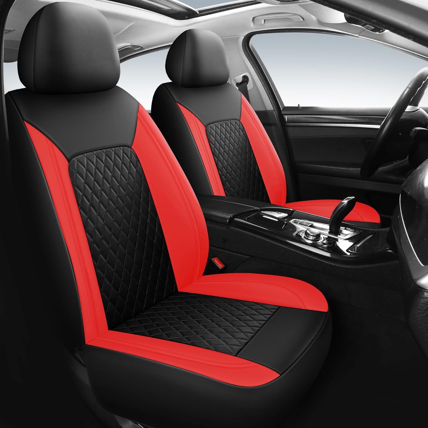 Car Seat Covers,Breathable and Waterproof Front Seat Covers,Luxury PU Universal Fit Automotive Airbag Compatible for Cars Sedans SUV and Truck(2 Pieces,Front Seat,Black+Red,N1)