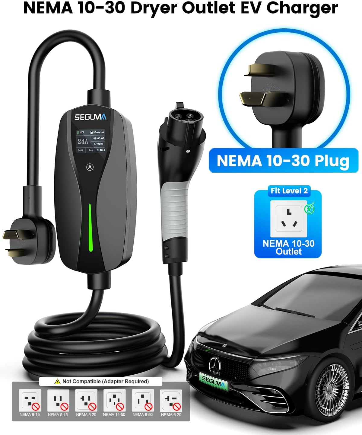 Level 2 EV Charger with NEMA 10-30 Plug, 24Amp 240V, 25FT Extension Cord, Adjustable Current (10-24A), Portable Home Mobile Dryer EV Charger for J1772 Electric Vehicles, Fits 3-Prong Dryer Outlet