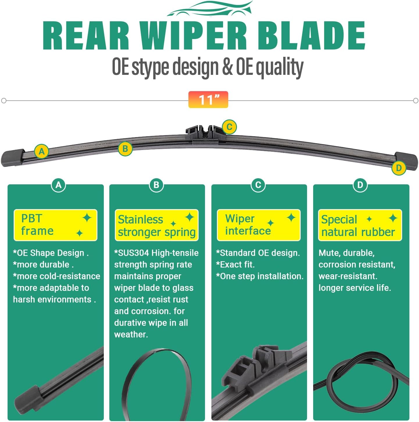 24" 20" 11" Windshield Wiper Blades Replacement for Ford Escape 2020 2021 2022 2023 2024 2025 Premium All Weather Front Rear Wipers Set - OEM Quality (Pack of 3)