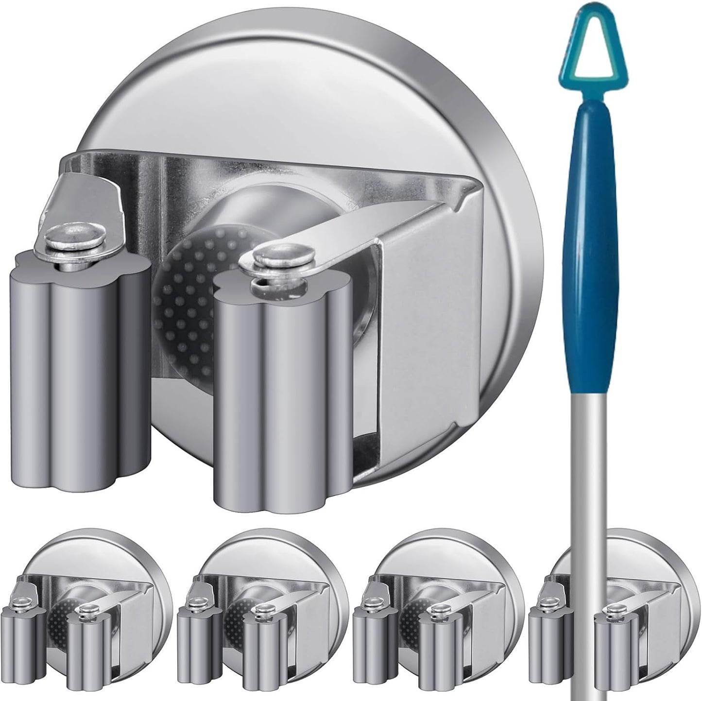 4 Pcs Magnetic Mop Broom Holder Movable Magnetic Broom Holder Rack, Anti Slip Wall Mounted Utility for Cleaning Tools, Garage, Kitchen, Laundry, Garden (Silver)
