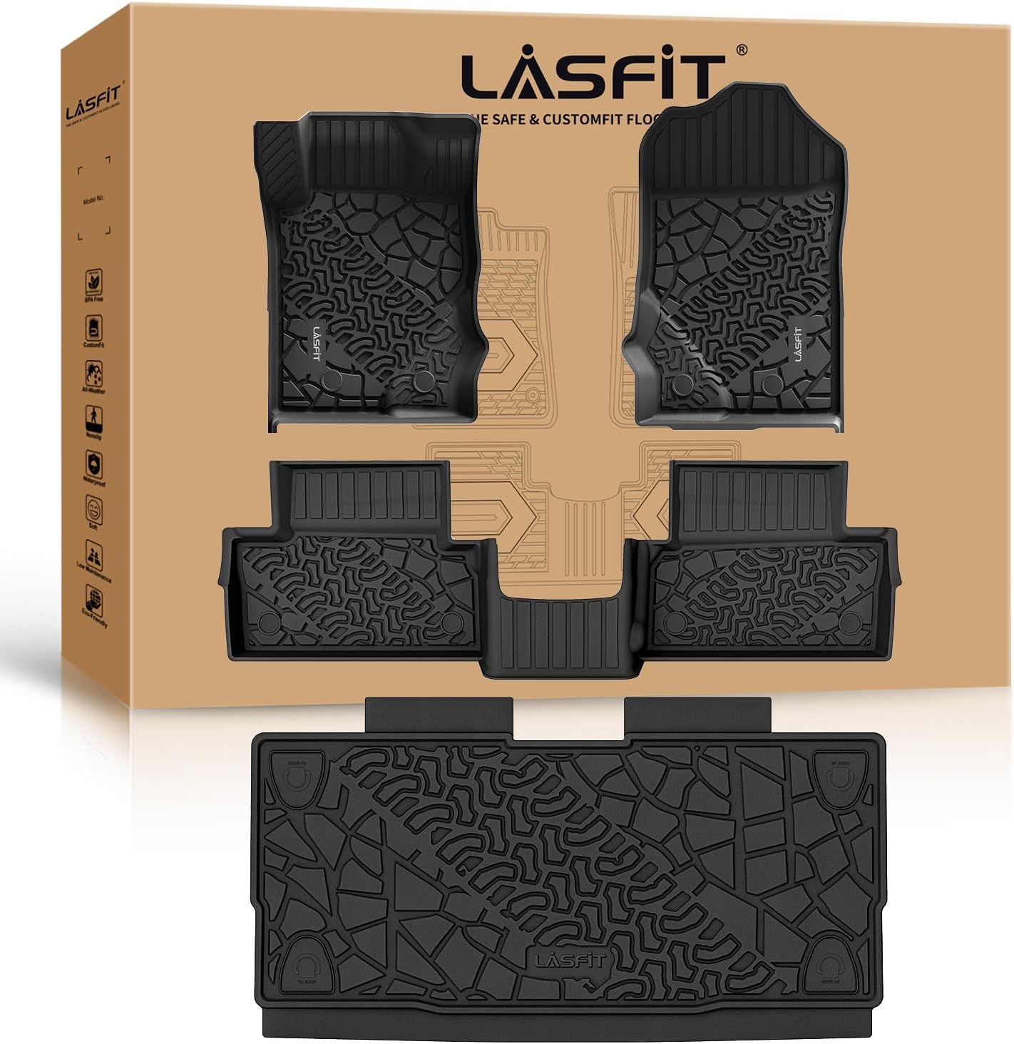 LASFIT Floor Mats Cargo Liner for Ford Bronco 2-Door 2025 2024 2023 2022 2021(Not for Bronco Sport) All Weather Custom Fit TPE Car Mats, Front Rear Rows and Trunk Mat, 4pcs Black