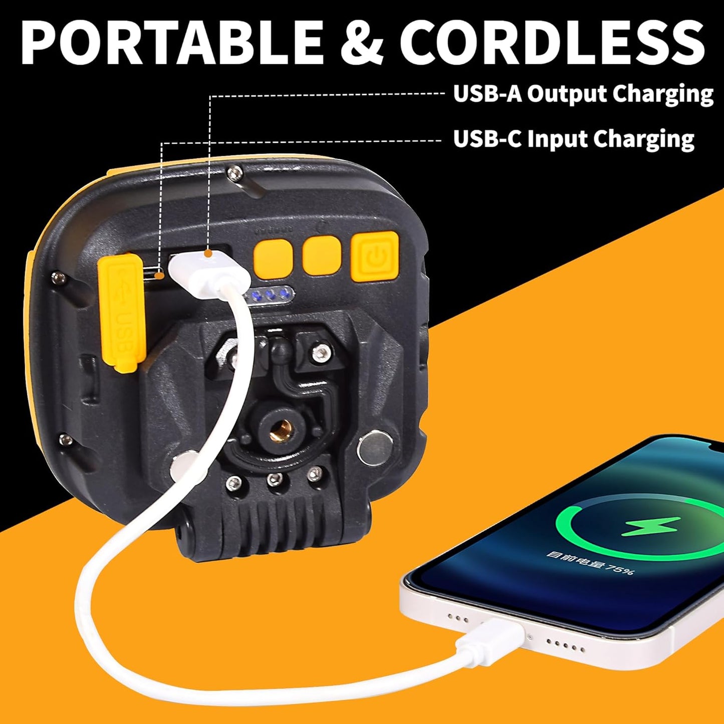 1Pack 5000LM Magnetic LED Work Light Rechargeable, 4-Level Brightness & 4-Tone Lighting, 50W Battery Powered Shop Light with USB Charging, IP65 Waterproof for Camping, Outdoor, Car Repairs, Emergency