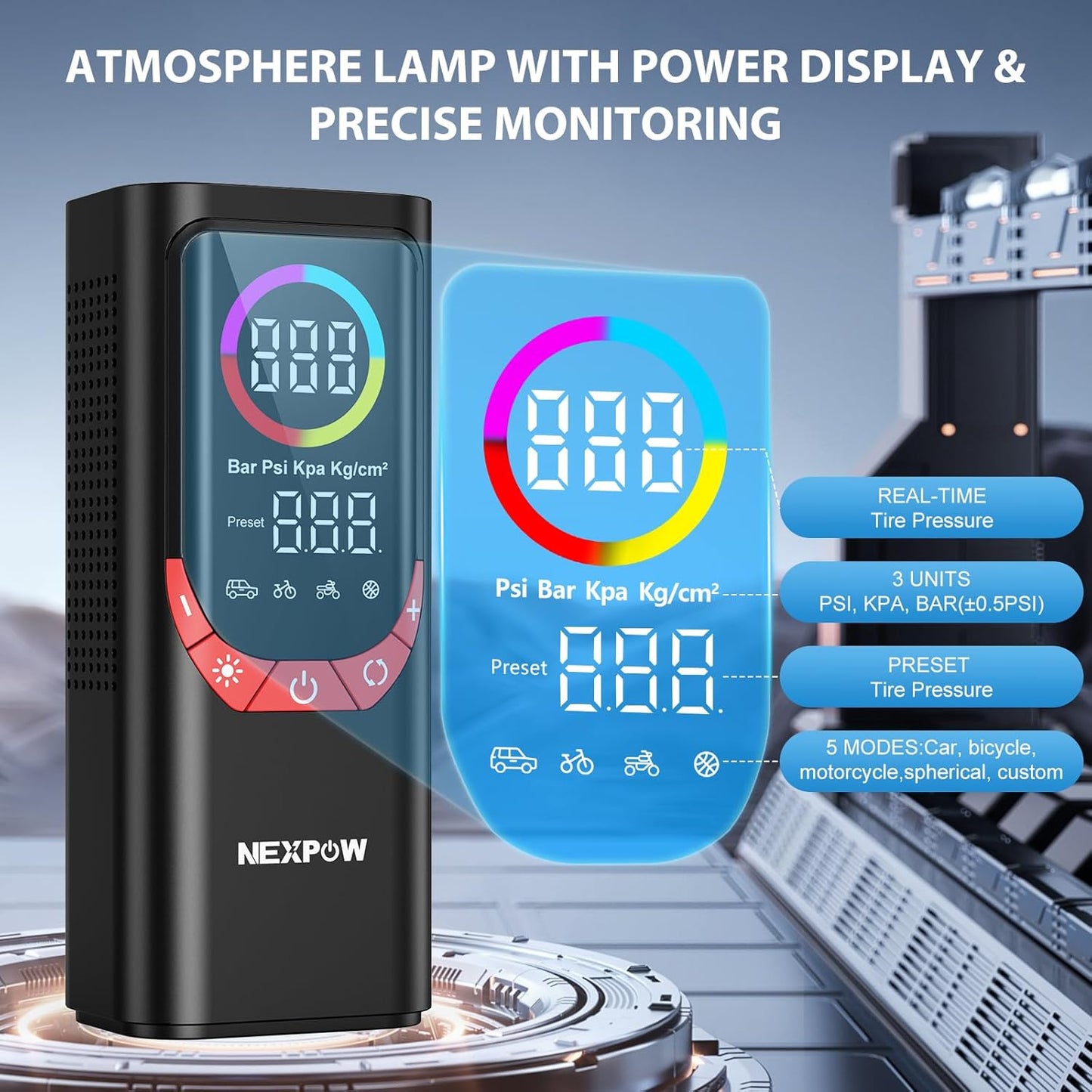 NEXPOW NP17 Portable Air Compressor, 150 PSI Digital Tire Inflator, Fast Inflation with Auto Shut-Off, LED Light, Multiple Nozzles for Car, Bike, and Ball, Compact Design, Red