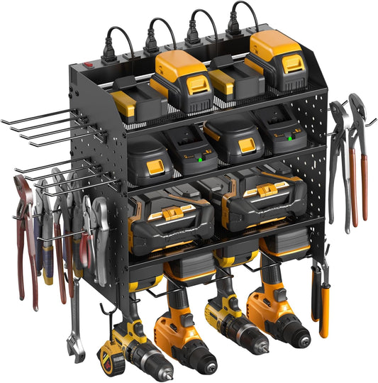 CCCEI Modular Power Tool Organizer with Charging Station. 4 Layer Wall Mount Drills Holder, Tool Battery Charger Organizer. Garage Shop Storage Utility Shelf with 10FT Power Strip, Gift for Men.