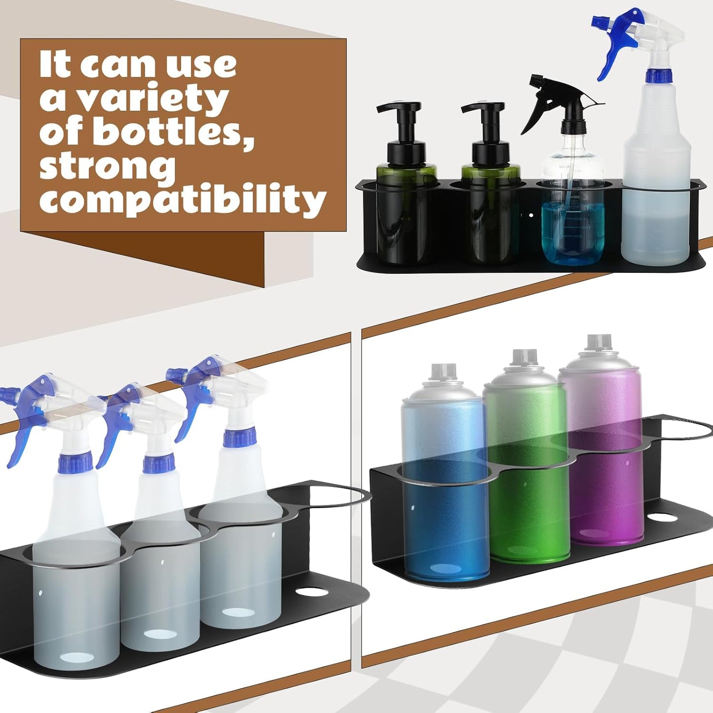 Therwen 2 Pcs 4 Holes All Purpose Steel Spray Bottle Holder Heavy Duty Can Holder Rack Organizer Easy Install Wall Mount Paint Spray Bottle Organizer Storage Rack for Garage Home Workspace(Black)