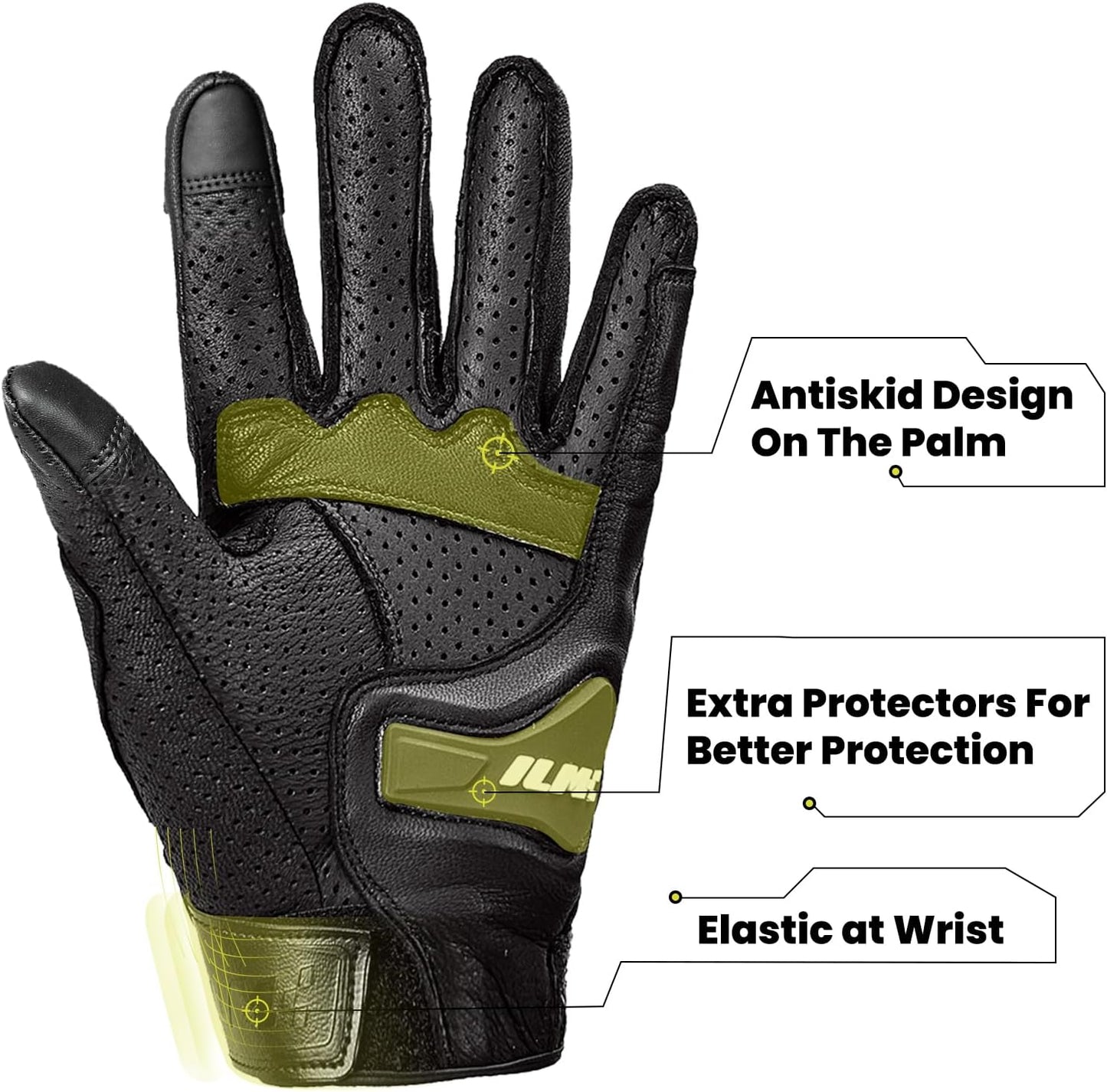 ILM Goatskin Leather Motorcycle Motorbike Powersports Racing Gloves Touchscreen for Men and Women Model DN01(XXL, Black Perforated)