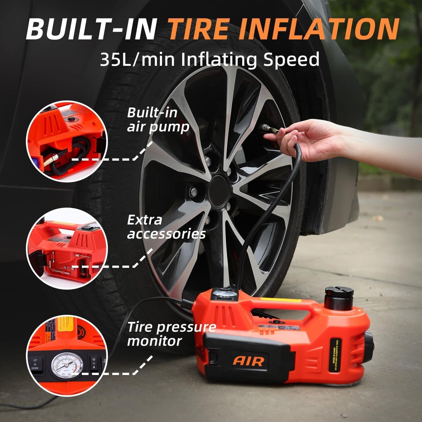 STANDTALL Electric Car Jack Kit 5 Ton 12V Hydraulic Jack Floor Jack with Impact Wrench and Tire Inflator Pump Lift with LED Light for SUV Sedan Truck Road Emergency Tire Change