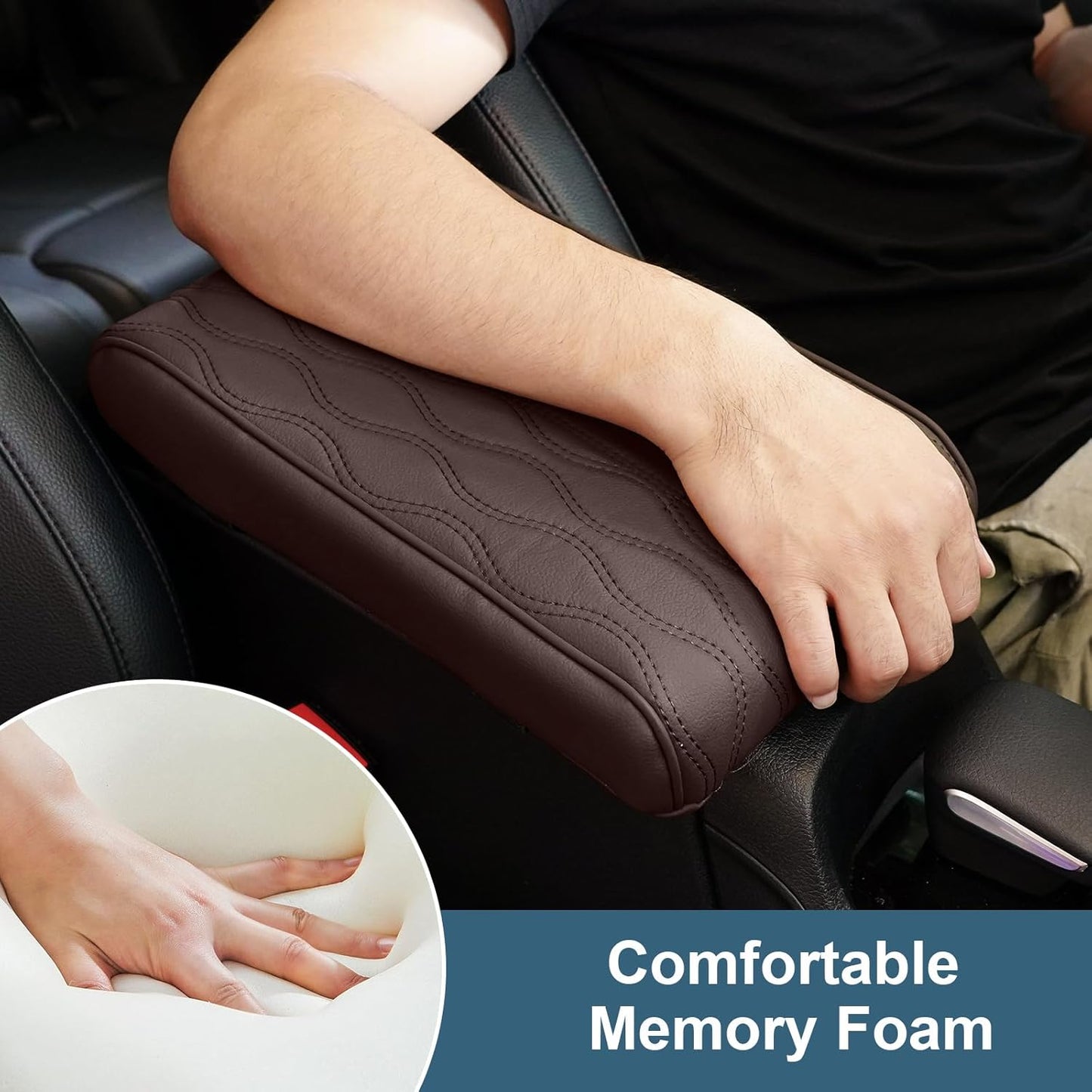Memory Foam Car Armrest Cushion - Premium Leather Armrest Cover for Car, Comfortable Protection, Universal Fit Center Console Cover for Car, SUV, Sedan, Easy Installation (Brown)