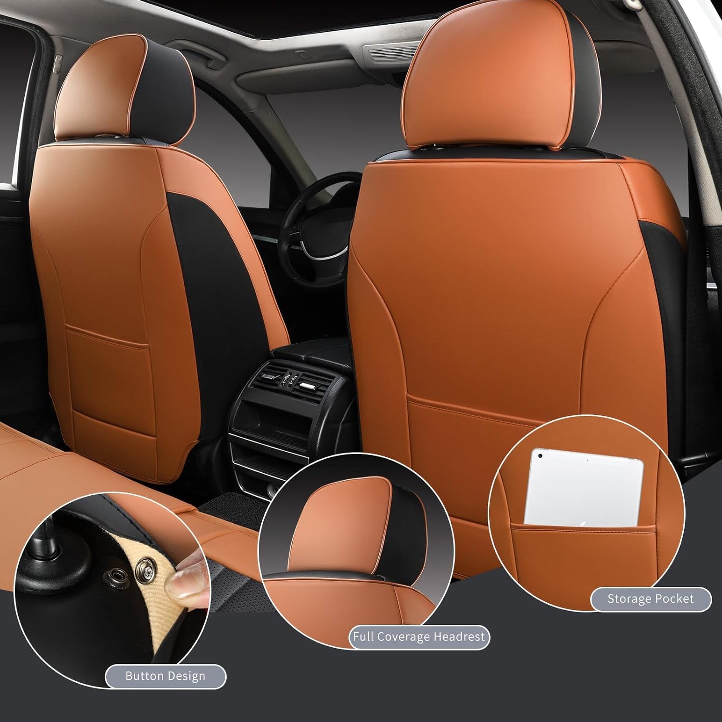 Leather Car Seat Covers,Car Seat Protector Waterproof,Seat Covers Full Set, Car Seat Protectors 5 Seats,Automotive Seat Covers Fit Most Cars Black&Brown