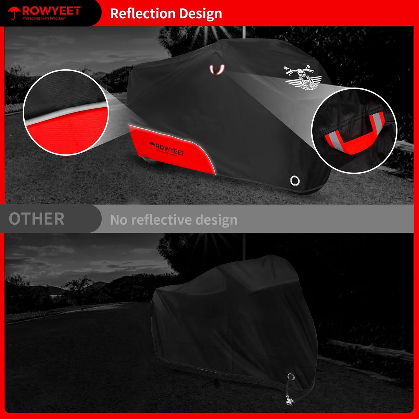 Motorcycle Cover Waterproof Outdoor Storage with Lock-Holes, Storage Bag & Night Reflective Design, Heavy Duty Protection Powersports Vehicle Covers Fits up to 96.5"-116" (420D Red, 116")