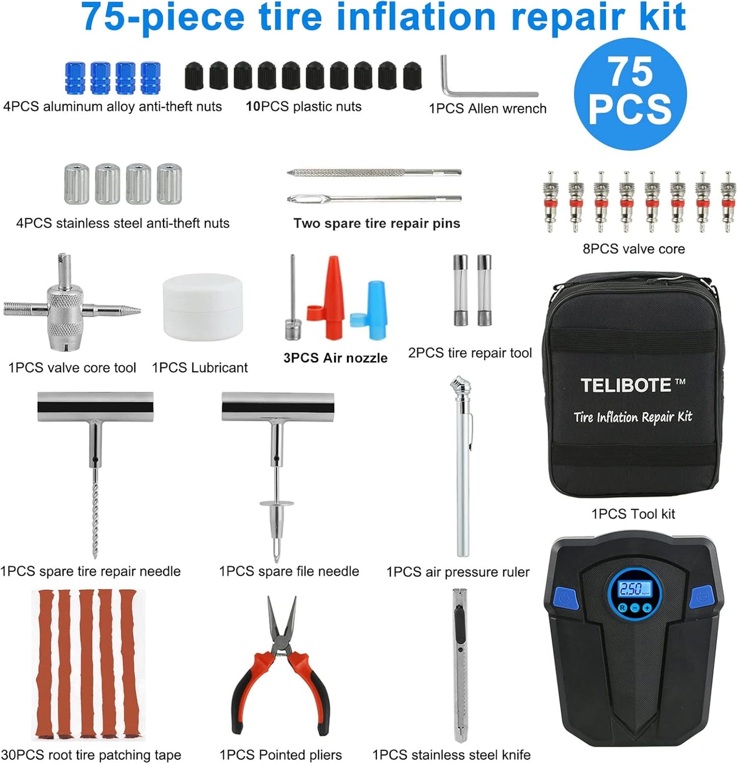 Tire Repair Kit, Tire Inflator Portable Air Compressor, Heavy Duty Flat Tire Repair Kit With 12V Air Pump For SVU, Car, Motorcycle, Truck, RV And Other Tire Repair