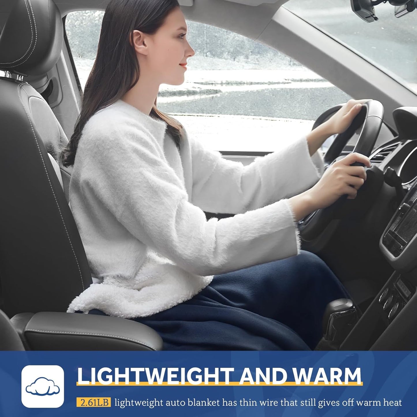 Sealy 12-Volt Heated Car Blanket with 2 USB Output Ports, 3 Heating Levels & 4 Hours Auto Off, Electric Blanket for Car, Truck, SUV, RV or Camping, Machine Washable, 59" X 43", Navy