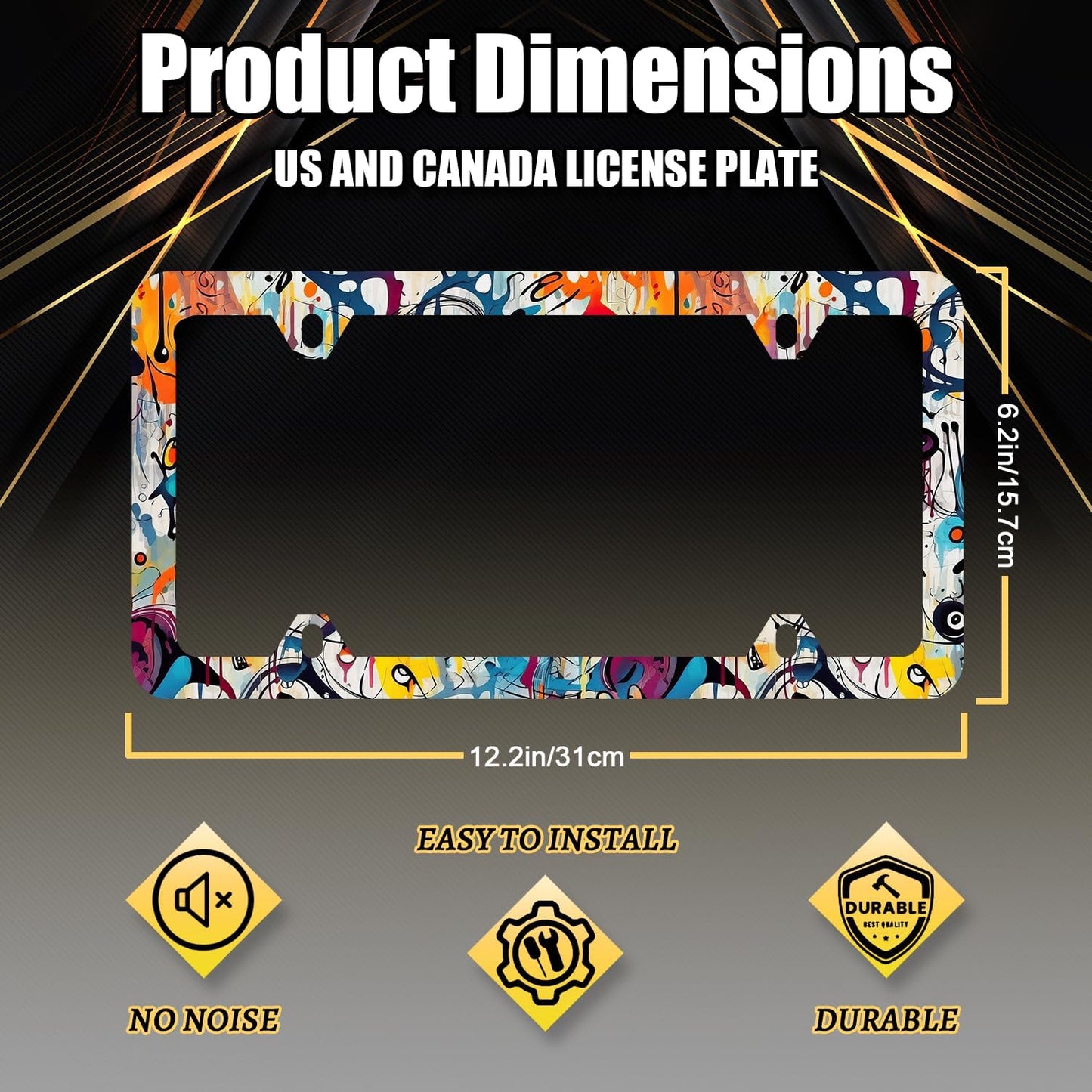 Abstract Graffiti Pattern License Plate Frame Colorful License Plate Stainless Steel Car Accessory Funny License Plate Auto Parts Decoration Men Women Size 12.2" x 6.2" with Screws