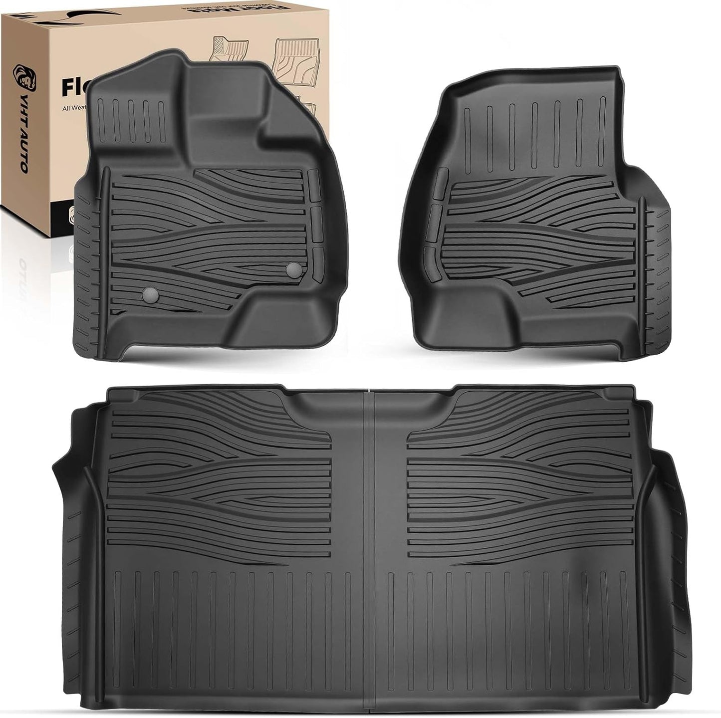YHTAUTO Floor Mats Fit 2015-2025 Ford F-150 2022-2025 F-150 Lightning SuperCrew (Rear w/o Under-Seat Fold Flat Storage) TPE All Weather Floor Liner Car Mats, Front & 2nd Row F150 Accessories