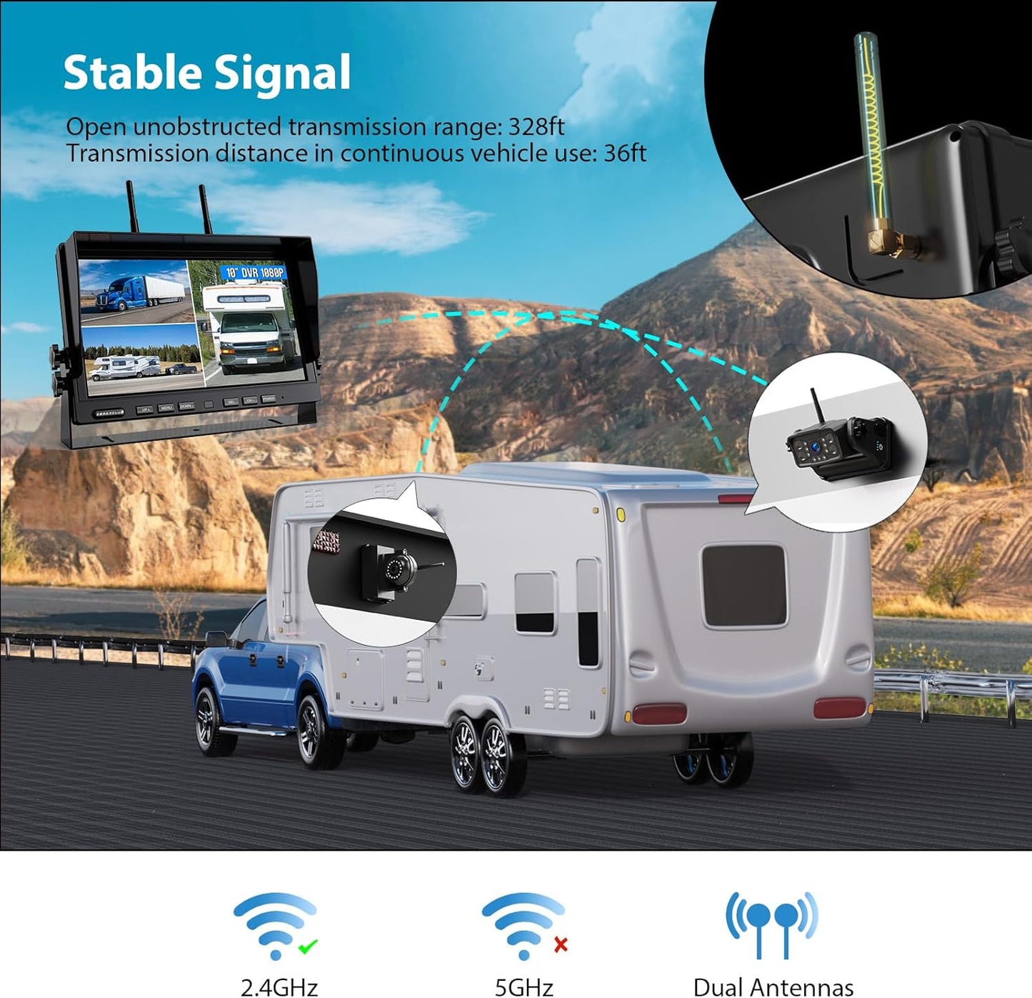 Magnetic Wireless Backup Camera: 10" HD 1080P DVR Monitor with 2 Rear View 2 Side View Cameras for Travel Trailer/Fifth Wheels/RV/Camper, Portable Rechargeable Battery BC104