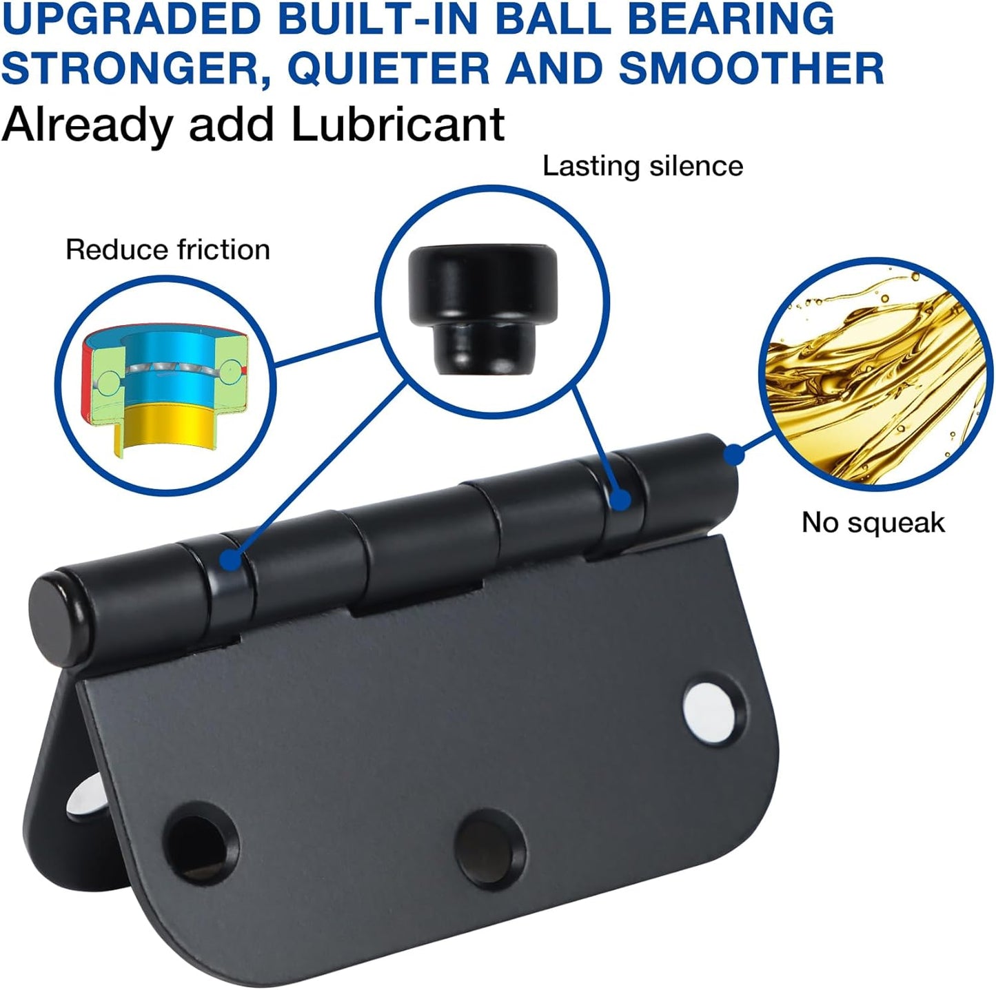 6 Pack No Squeak Matte Black Door Hinges 3.5 Inch 5/8"Radius Round Ball Bearing Interior 3-1/2"Flat Iron Bifold Residential Standard Bedroom Indoor for Doors 3 ½" Hardware House Home Decor Essentials