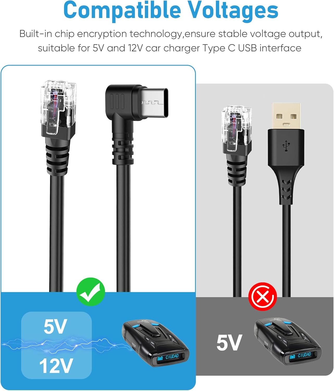 PD3.0 Radar Detector Cable, with Type-C to RJ11 Plug ,Replacement Radar Detectors Power Cable,for Escort Passport 9500i MAX360 Uniden R1 R3 DFR8 DFR9 Radenso XP Beltronics STI Radar Detector and more