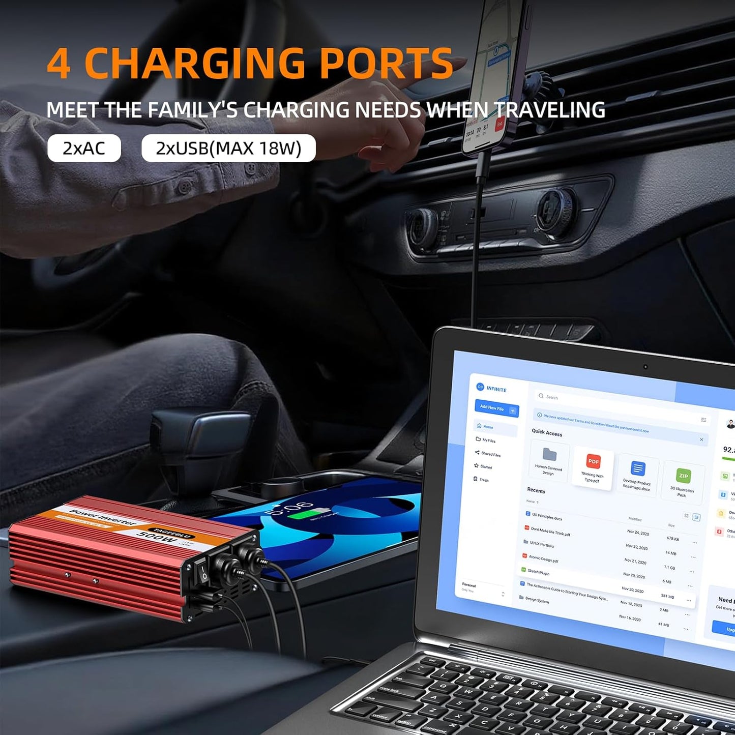 500W Power Inverter DC 12V to 110V/120V AC Car Inverter with 2 x 3.0A USB Ports and Dual AC Outlet, Equipped with 1 Cigarette Lighter and 2 Battery Clamps for Road Trip and Camping