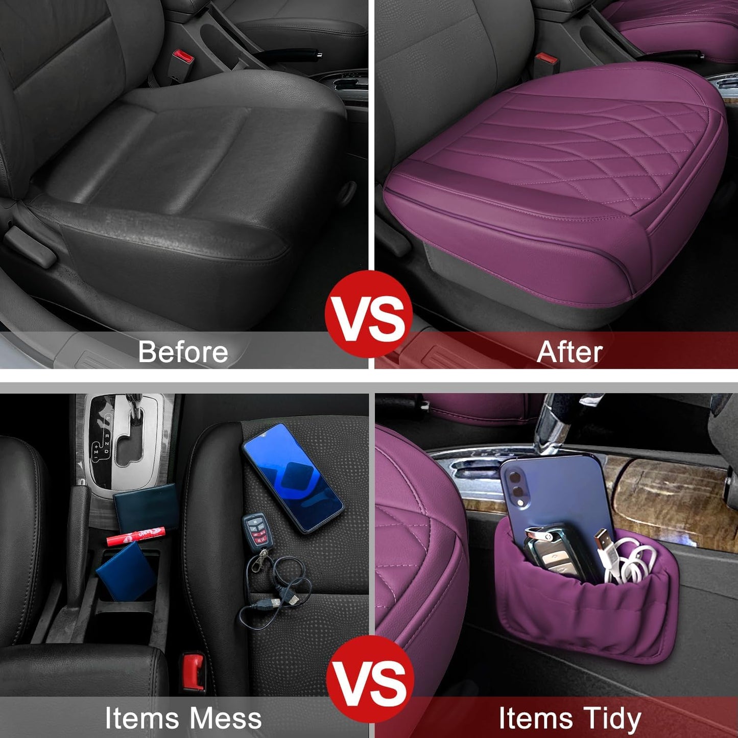 2 Pack Leather Front Car Seat Cover Bottom Car Seat, Universal Anti-Slip Driver Car Seat Protectors with Storage Pocket, Waterproof Bottom Auto Seat Cushion Pad Mat for Most Vehicles(Purple)