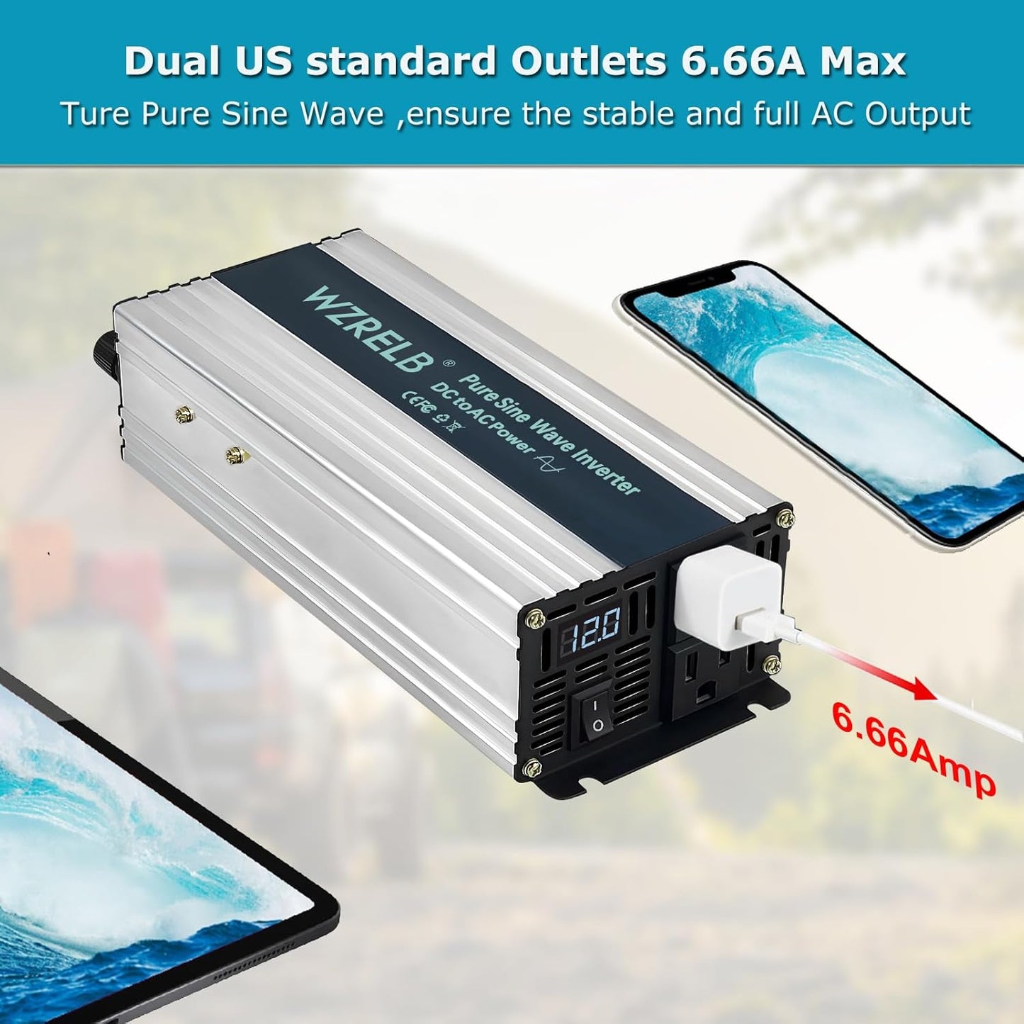 WZRELB 800W Pure Sine Wave Inverter 12V DC to 110V 120V AC Power Converter with LED Display, Off-Grid Portable Power Inverter with 2 AC Outlets for Home, RV, Truck, Camping