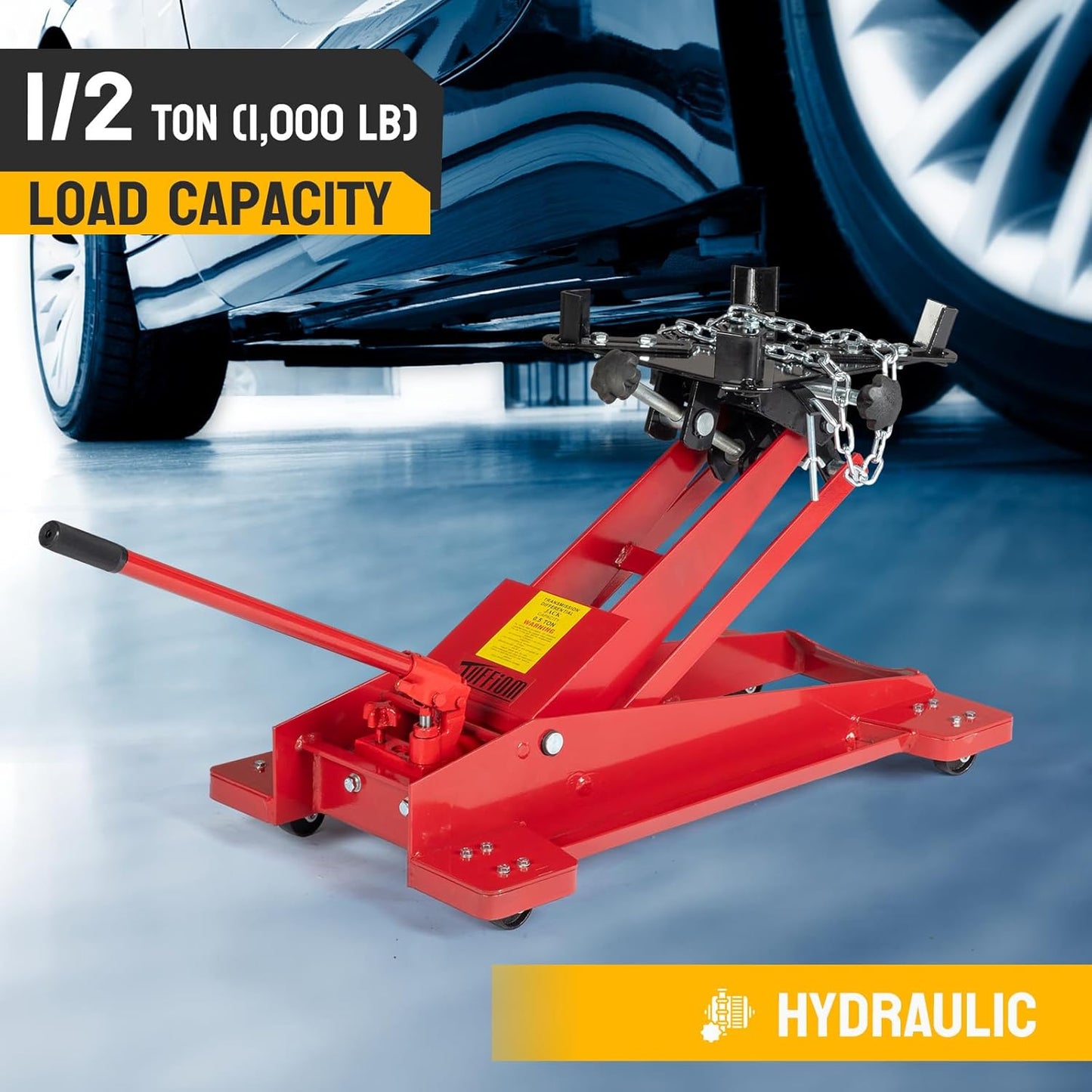 TUFFIOM Hydraulic Transmission Service/Floor Jack Lift 1/2 Ton (1,000 lb) Capacity, Low Profile Roll-Under Floor Trolley, Automotive Shop Tool Hoist Lift Lifting Jack, Red
