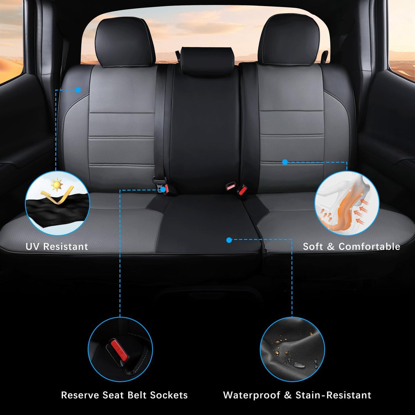 Car Seat Covers Full Set for Toyota Tacoma Double & Crew Cab 2023 2022 2021 2020 2019 2018 2017 2016 Tacoma Interior Accessories Premium Faux Leather Breathable Waterproof (Black+Gray)