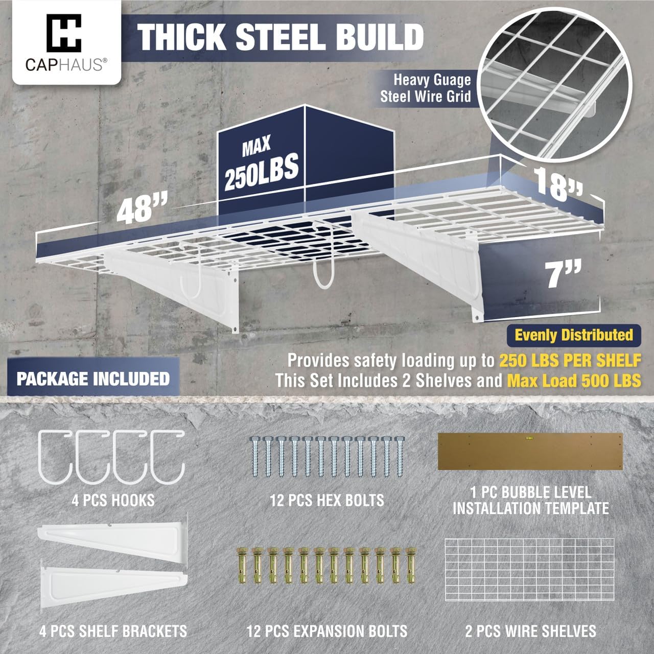 CAPHAUS Garage Wall Shelving, 48 in. W x 18 in. D Wall Mounted Garage Shelves w/ 2 Bike Hooks, Heavy Duty Organizer Shelf for Garage Storage System, Black or White
